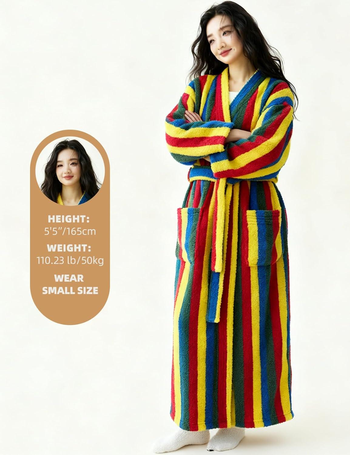 Arssm Womens Striped Fluffy Robe Long Plush Bathrobes Fuzzy Warm Cozy Thick Loungewear Maxi Robe(Rainbow)