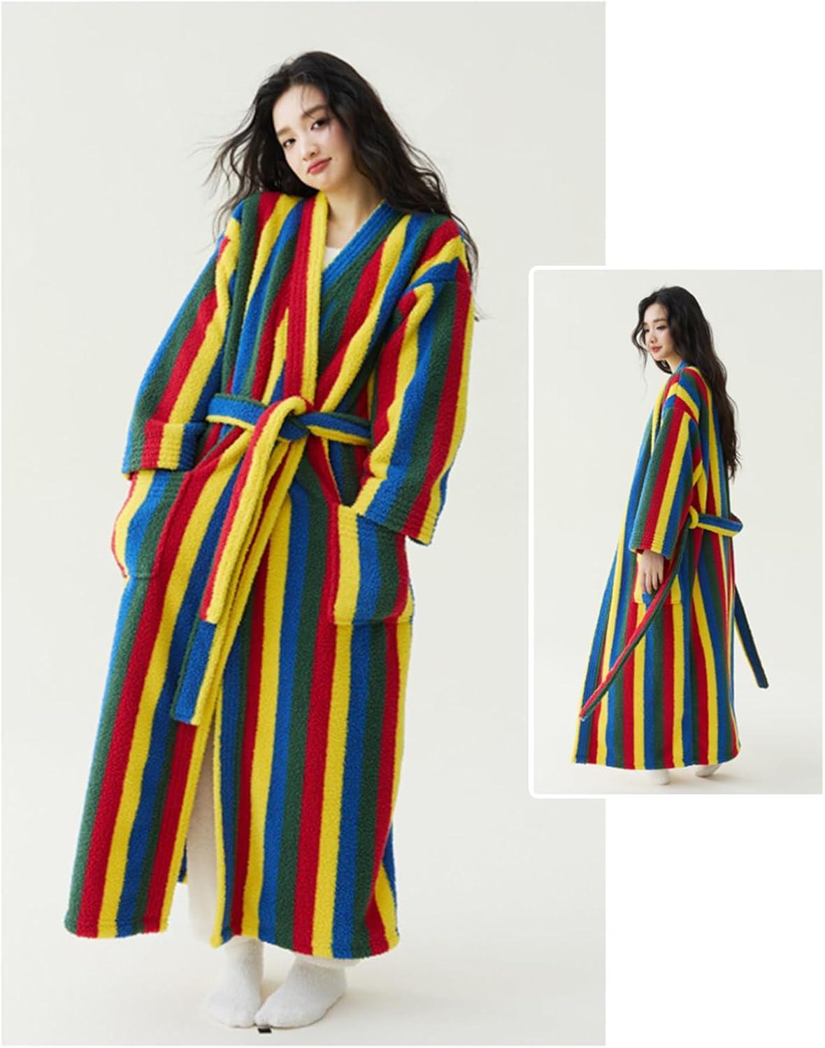 Arssm Womens Striped Fluffy Robe Long Plush Bathrobes Fuzzy Warm Cozy Thick Loungewear Maxi Robe(Rainbow)