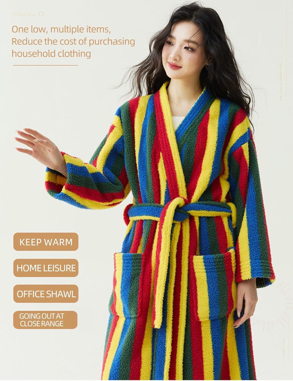 Arssm Womens Striped Fluffy Robe Long Plush Bathrobes Fuzzy Warm Cozy Thick Loungewear Maxi Robe(Rainbow)