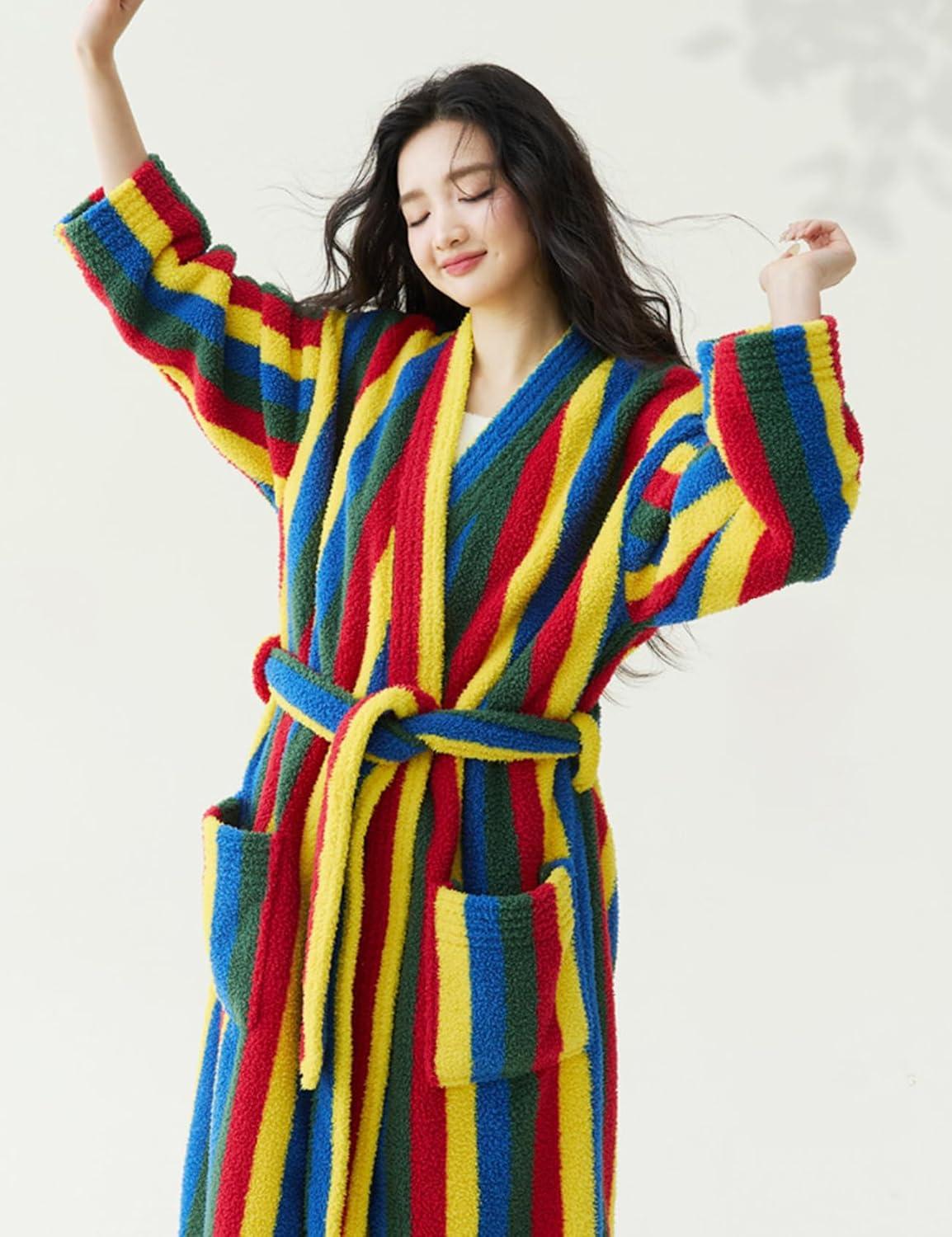 Arssm Womens Striped Fluffy Robe Long Plush Bathrobes Fuzzy Warm Cozy Thick Loungewear Maxi Robe(Rainbow)