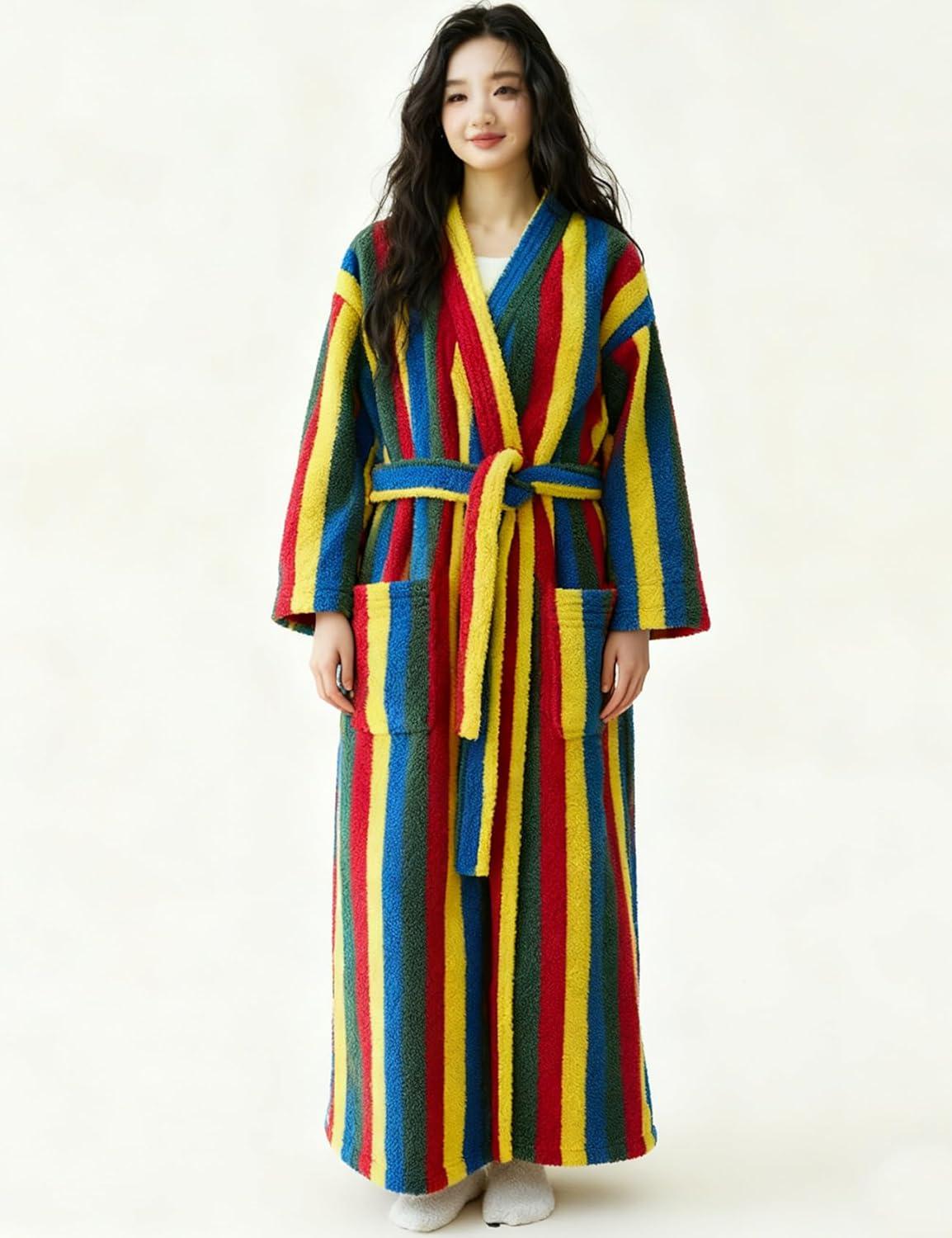 Arssm Womens Striped Fluffy Robe Long Plush Bathrobes Fuzzy Warm Cozy Thick Loungewear Maxi Robe(Rainbow)
