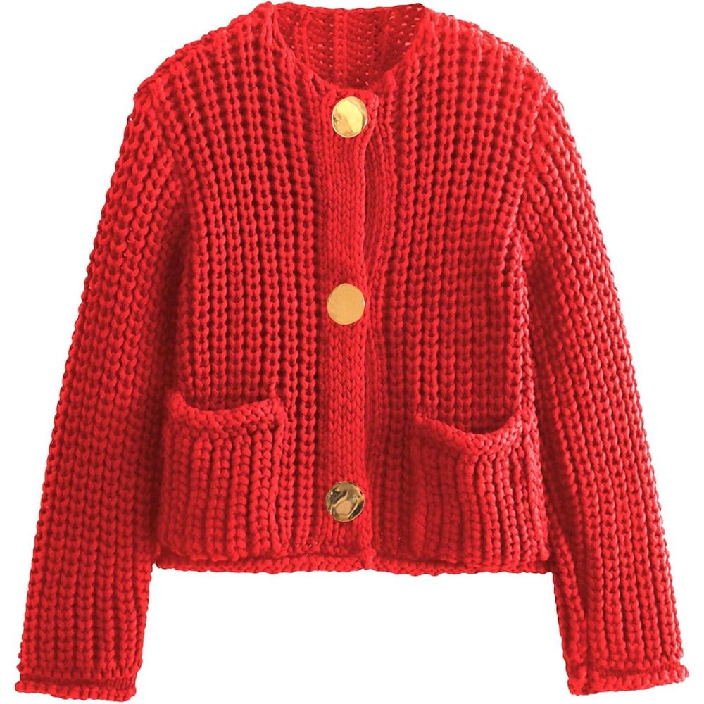 Arssm Womens Cropped Cardigan Sweaters Chunky Open Front Button Down Knit Sweater Long Sleeve Loose Cardigan Outerwear(Red)