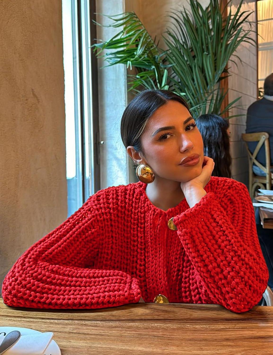 Arssm Womens Cropped Cardigan Sweaters Chunky Open Front Button Down Knit Sweater Long Sleeve Loose Cardigan Outerwear(Red)