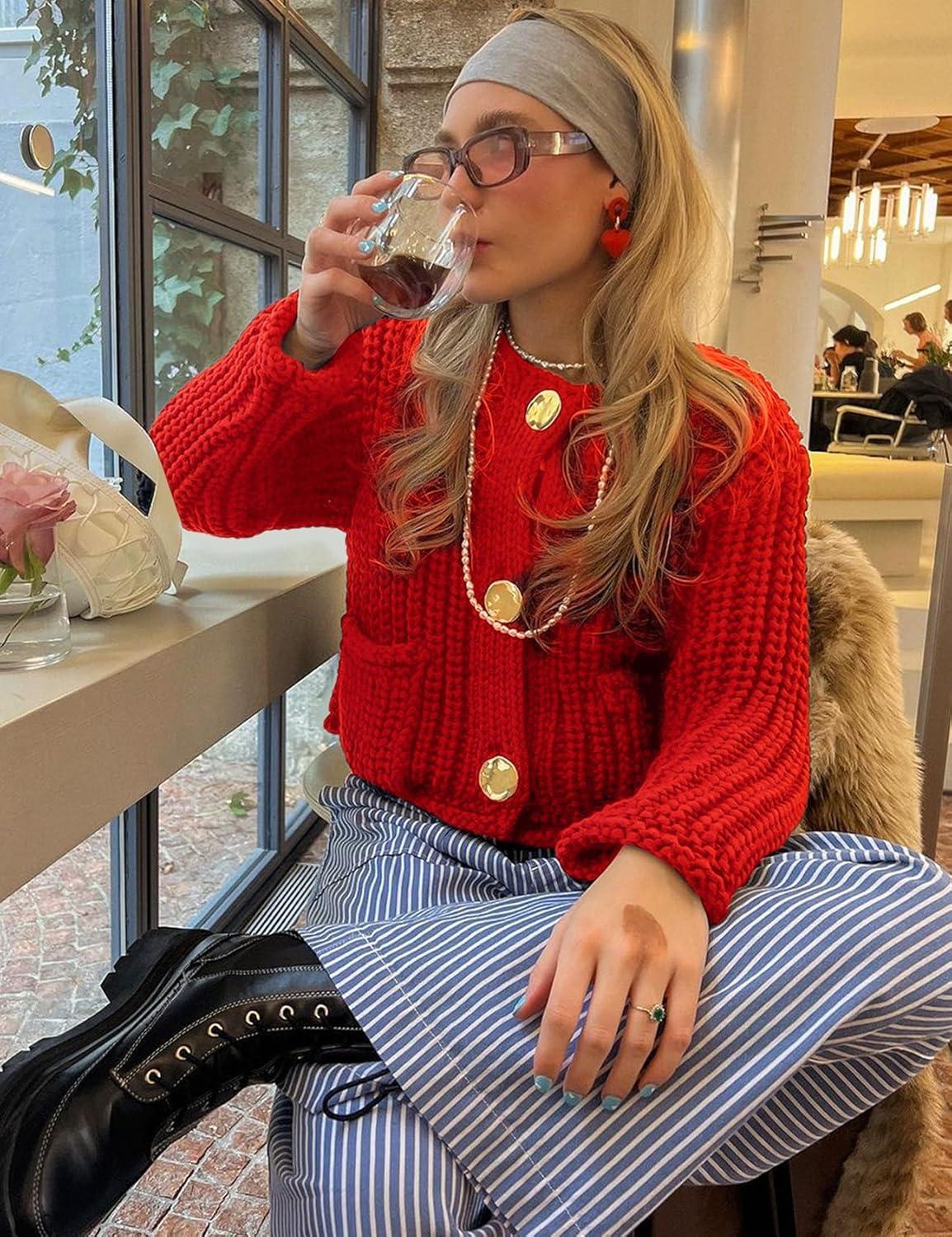 Arssm Womens Cropped Cardigan Sweaters Chunky Open Front Button Down Knit Sweater Long Sleeve Loose Cardigan Outerwear(Red)