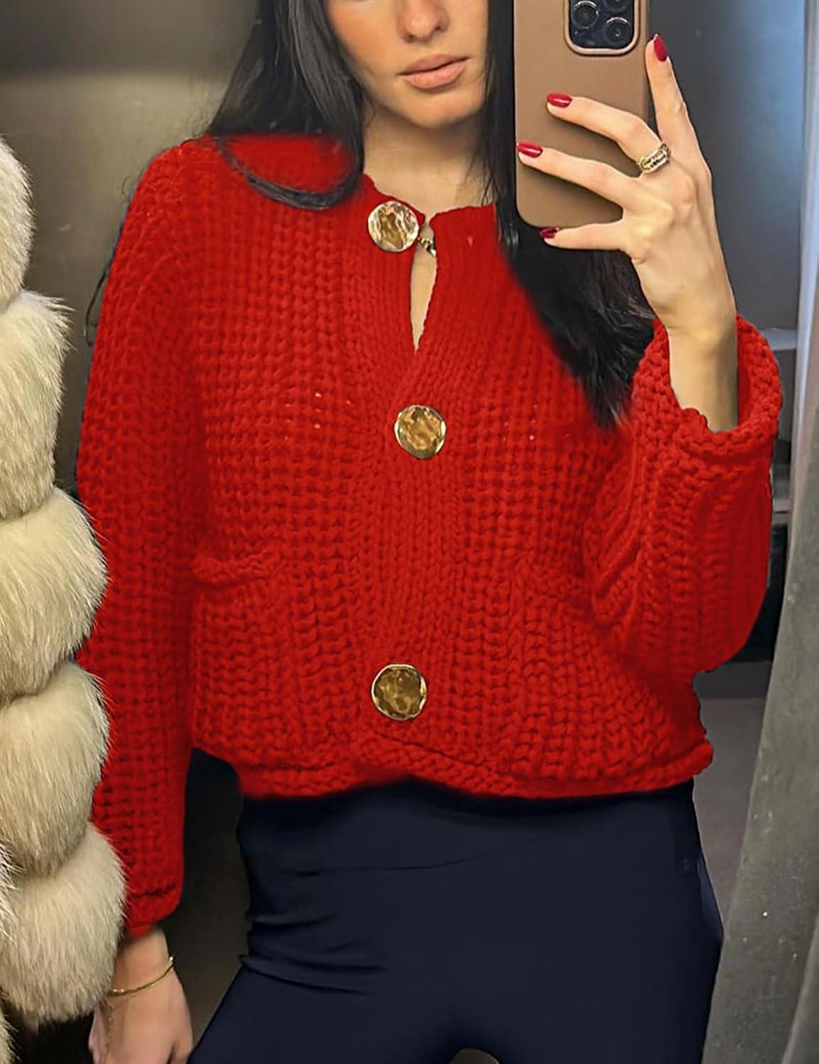 Arssm Womens Cropped Cardigan Sweaters Chunky Open Front Button Down Knit Sweater Long Sleeve Loose Cardigan Outerwear(Red)