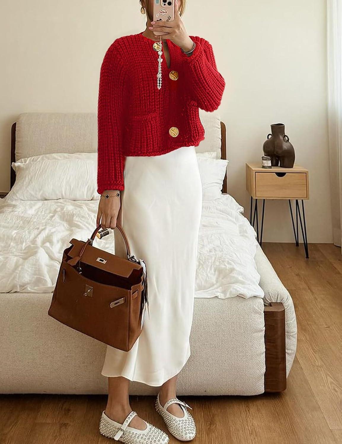 Arssm Womens Cropped Cardigan Sweaters Chunky Open Front Button Down Knit Sweater Long Sleeve Loose Cardigan Outerwear(Red)