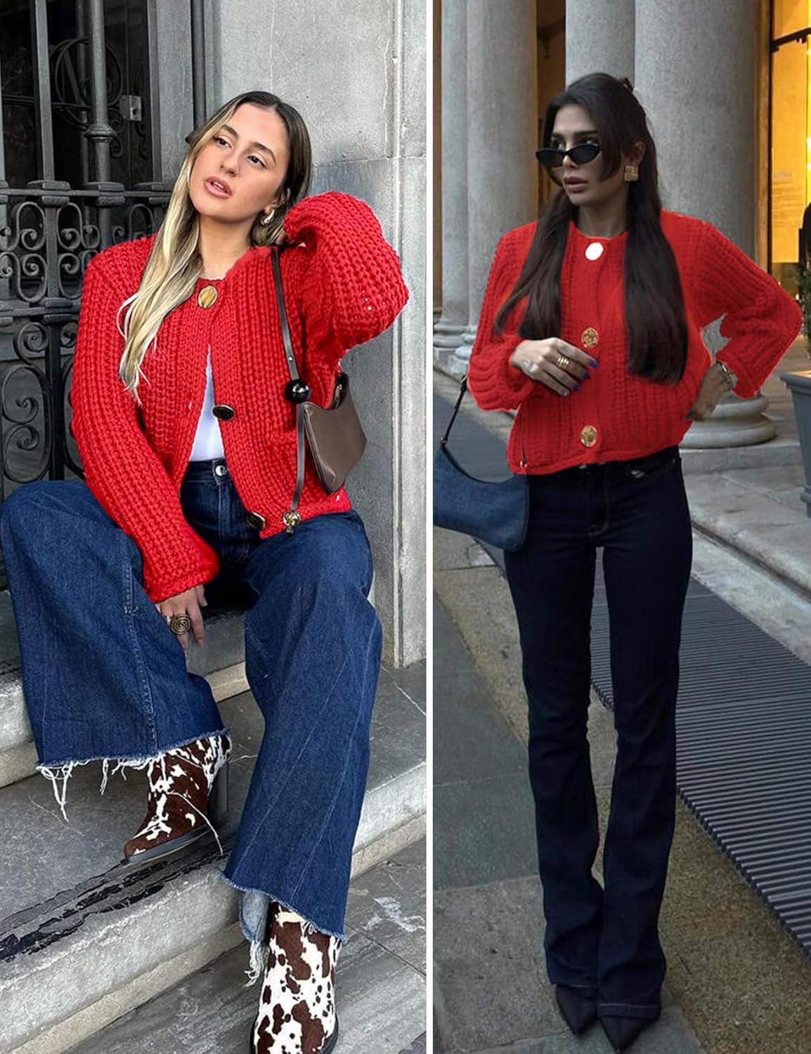 Arssm Womens Cropped Cardigan Sweaters Chunky Open Front Button Down Knit Sweater Long Sleeve Loose Cardigan Outerwear(Red)
