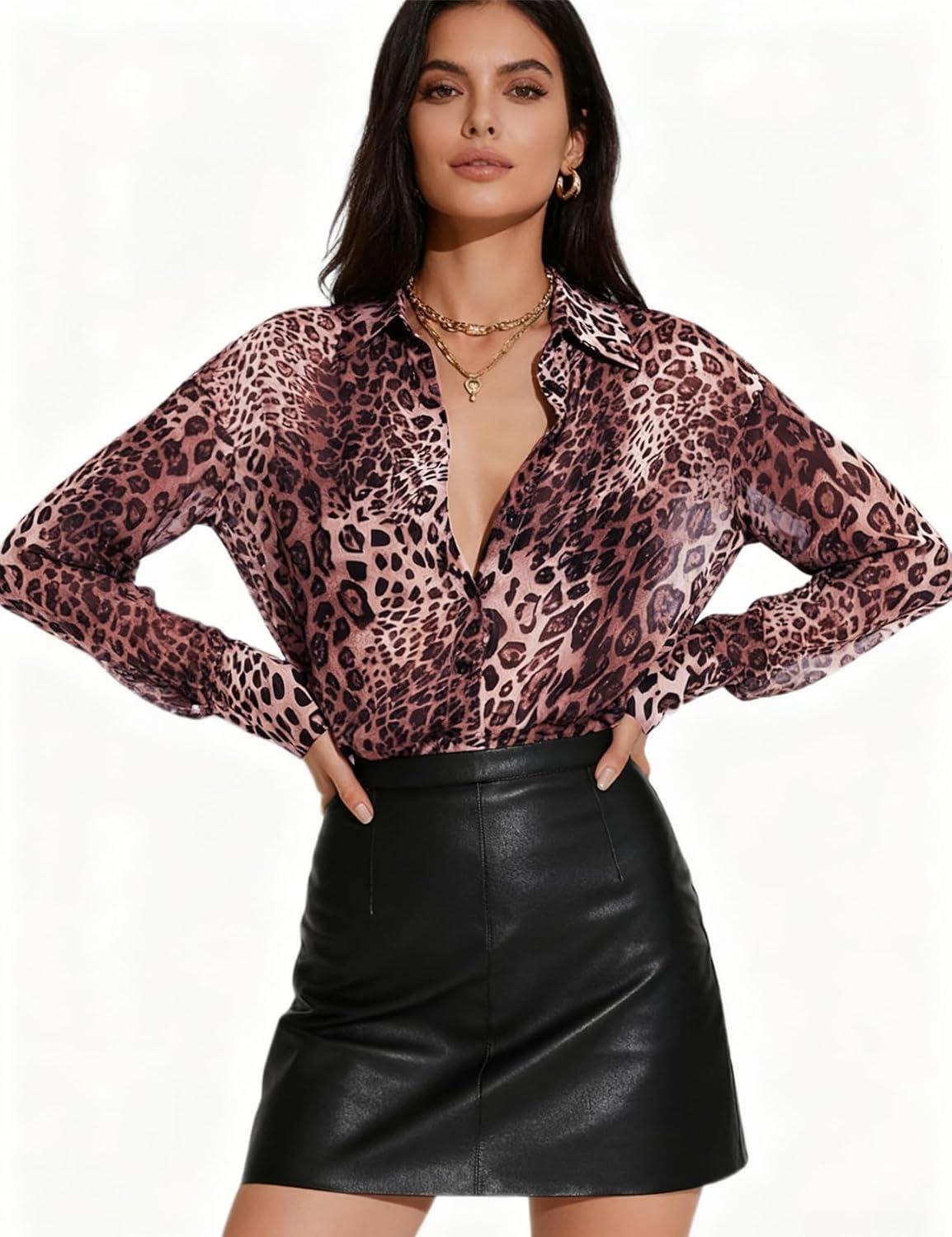 Arssm Sheer Tops for Women Sheer Button Up Blouse Long Sleeve Sexy See Through Tops Mesh Shirts(Leopard)