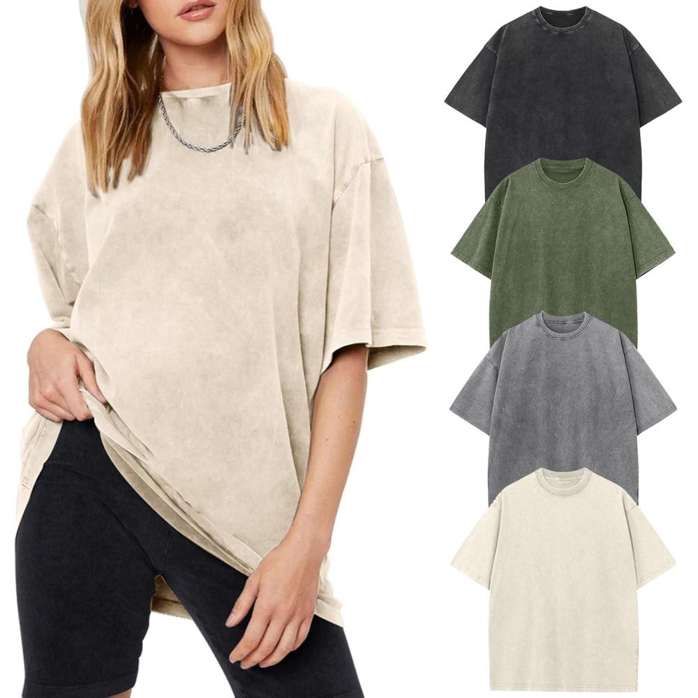 Arssm Women Oversized T Shirts Acid Washed Cotton Tees Vintage Baggy Loose Fit Streetwear Workout Tops(Black+grey+army+beige)
