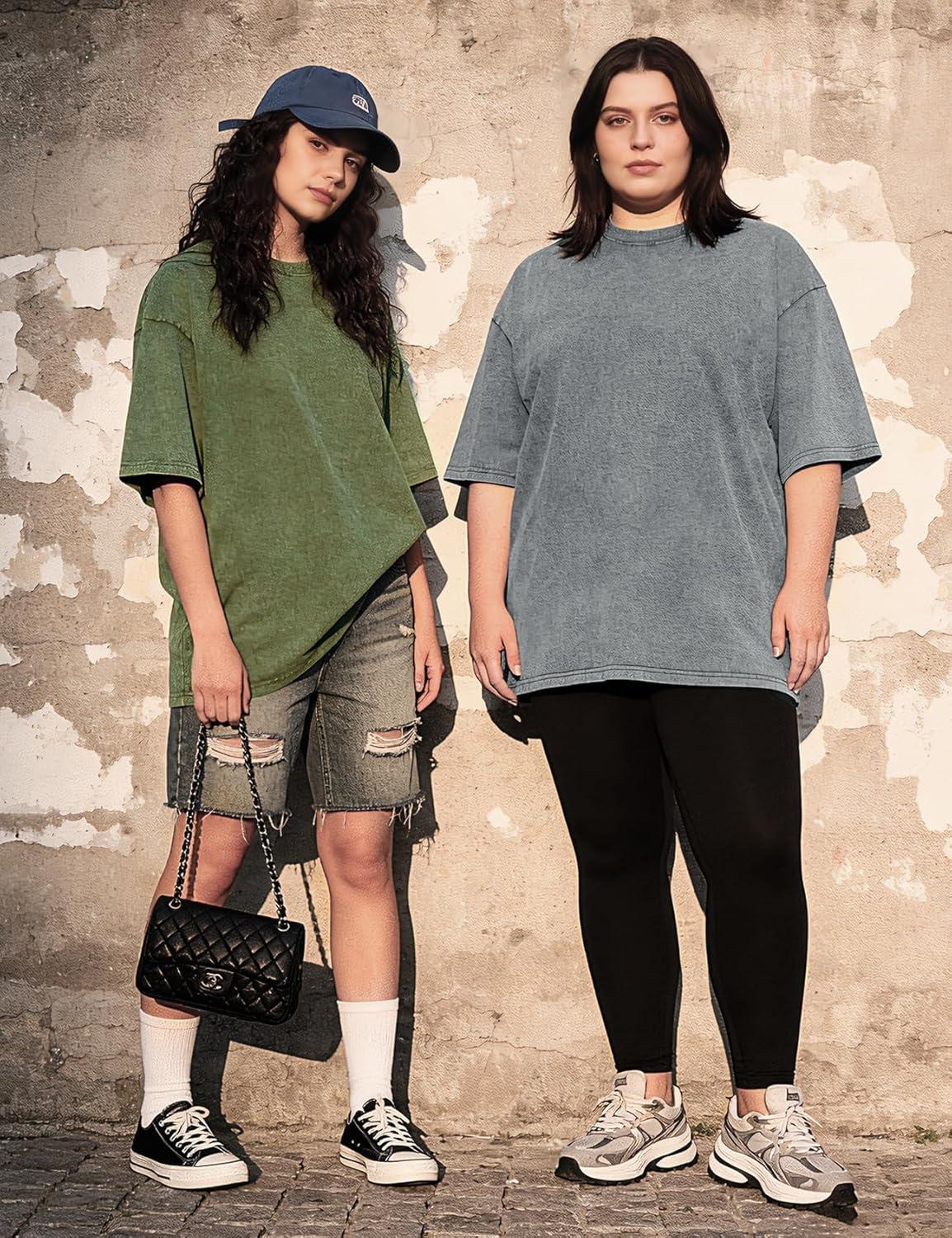 Arssm Women Oversized T Shirts Acid Washed Cotton Tees Vintage Baggy Loose Fit Streetwear Workout Tops(Black+grey+army+beige)