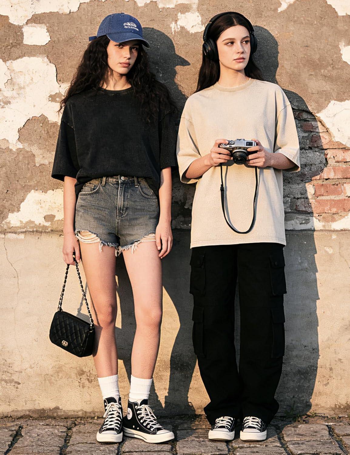 Arssm Women Oversized T Shirts Acid Washed Cotton Tees Vintage Baggy Loose Fit Streetwear Workout Tops(Black+grey+army+beige)