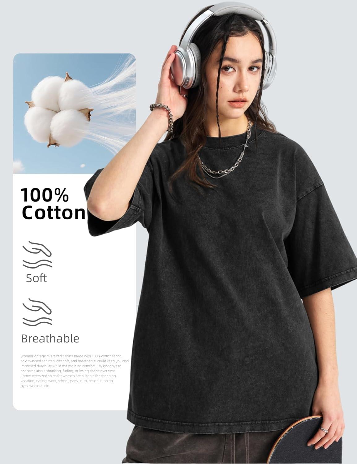 Arssm Women Oversized T Shirts Acid Washed Cotton Tees Vintage Baggy Loose Fit Streetwear Workout Tops(Black+grey+army+beige)
