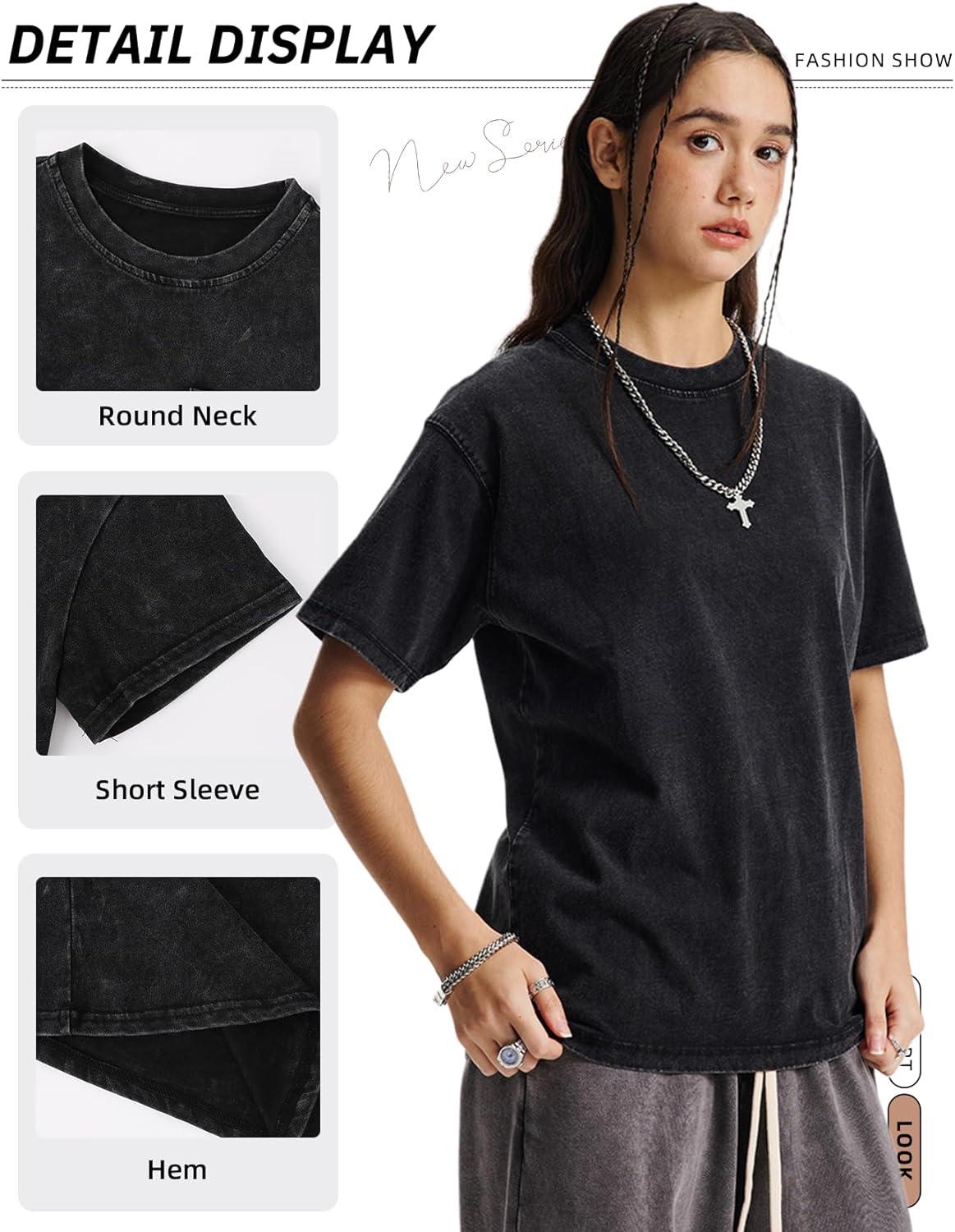 Arssm Women Oversized T Shirts Acid Washed Cotton Tees Vintage Baggy Loose Fit Streetwear Workout Tops(Black+grey+army+beige)