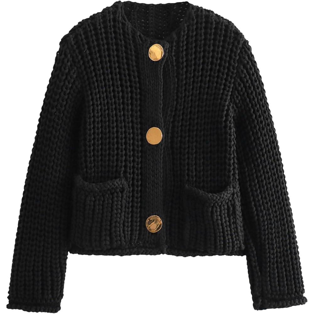 Arssm Womens Cropped Cardigan Sweaters Chunky Open Front Button Down Knit Sweater Long Sleeve Loose Cardigan Outerwear(Black)