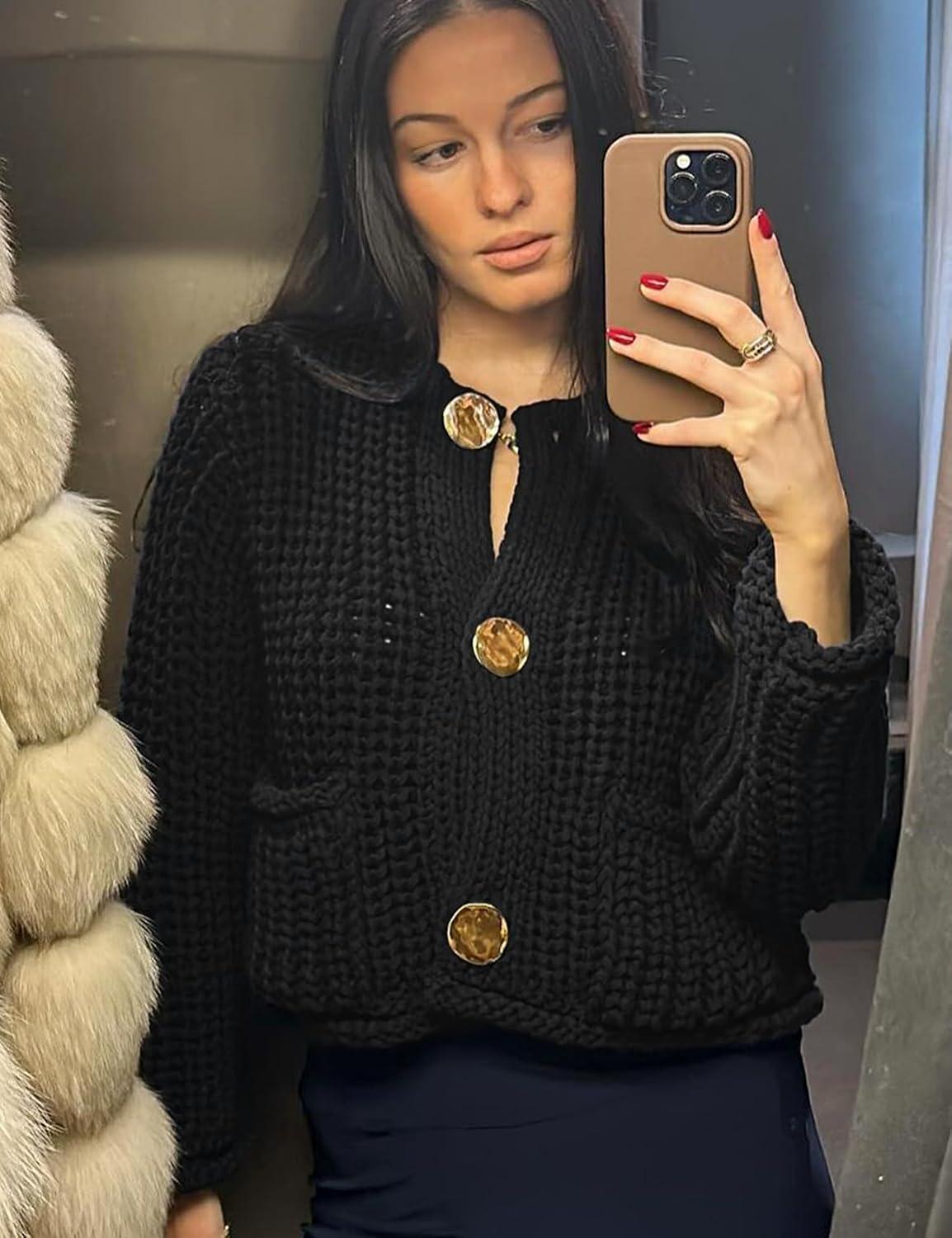 Arssm Womens Cropped Cardigan Sweaters Chunky Open Front Button Down Knit Sweater Long Sleeve Loose Cardigan Outerwear(Black)