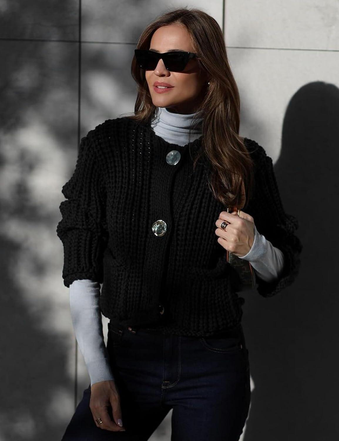 Arssm Womens Cropped Cardigan Sweaters Chunky Open Front Button Down Knit Sweater Long Sleeve Loose Cardigan Outerwear(Black)
