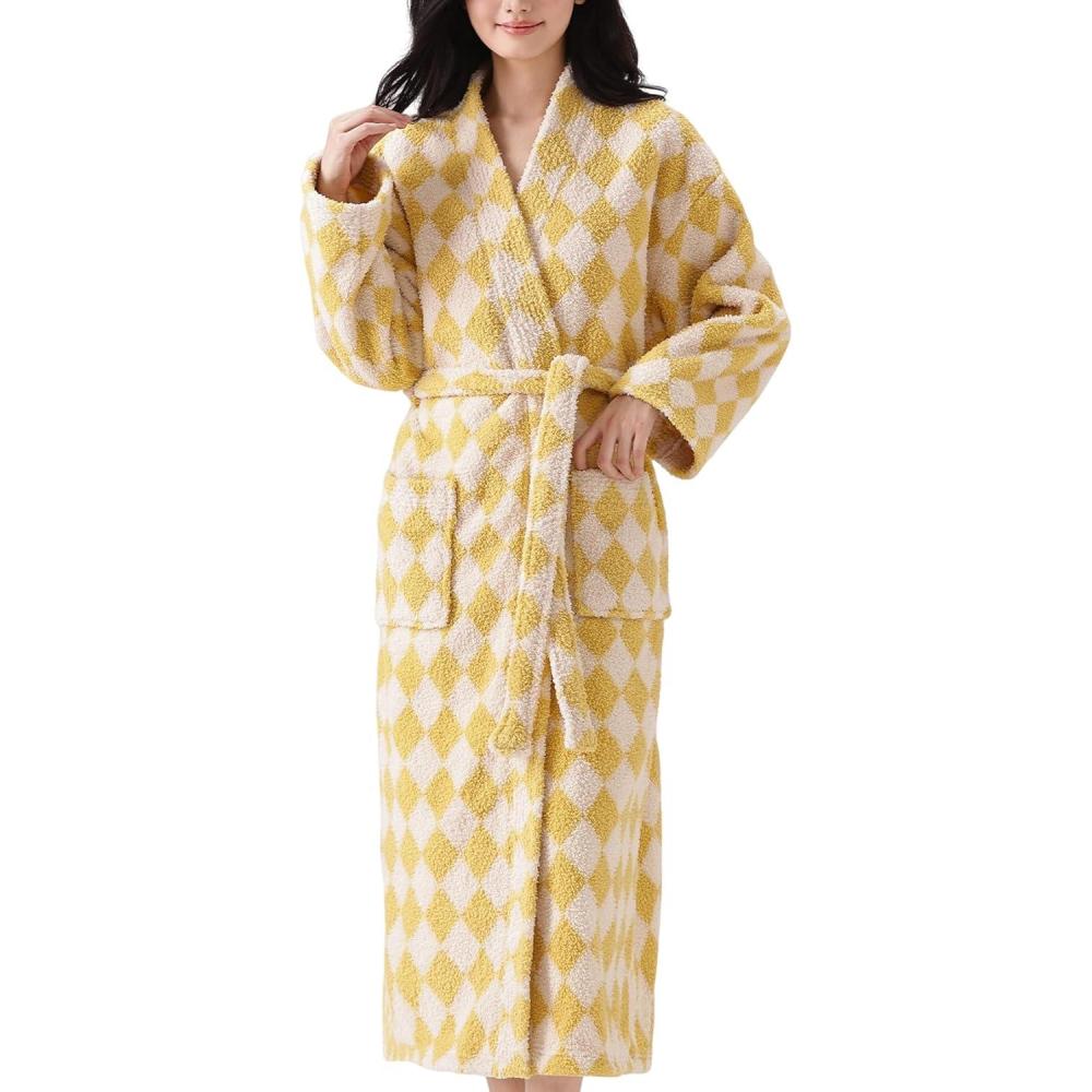 Arssm Womens Striped Fluffy Robe Long Plush Bathrobes Fuzzy Warm Cozy Thick Loungewear Maxi Robe(Yellow)
