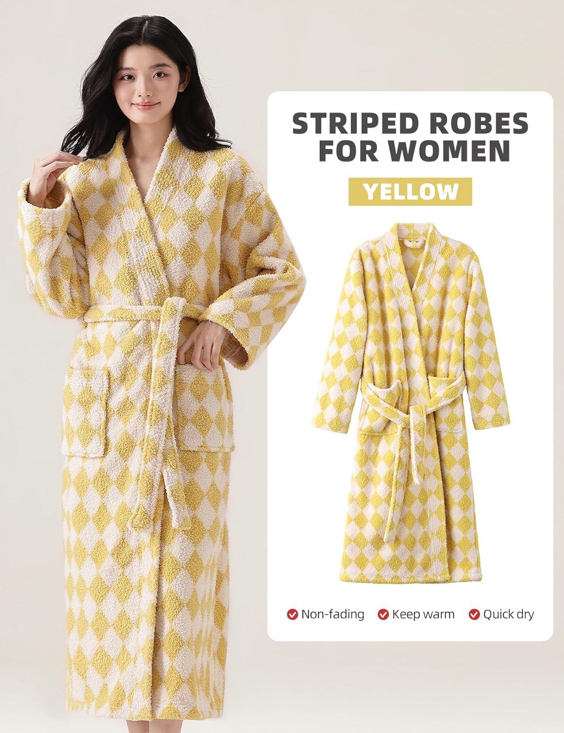 Arssm Womens Striped Fluffy Robe Long Plush Bathrobes Fuzzy Warm Cozy Thick Loungewear Maxi Robe(Yellow)