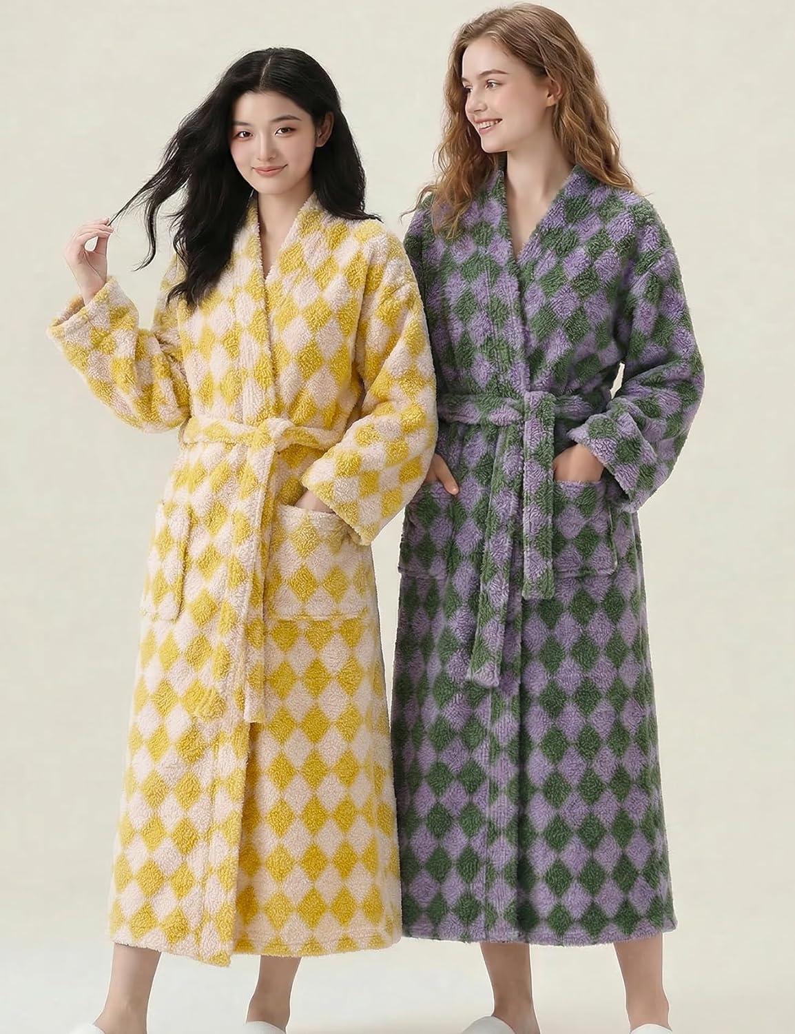 Arssm Womens Striped Fluffy Robe Long Plush Bathrobes Fuzzy Warm Cozy Thick Loungewear Maxi Robe(Yellow)
