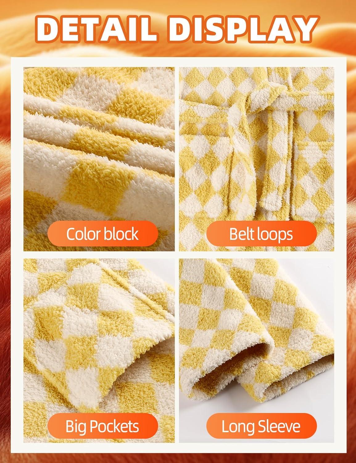 Arssm Womens Striped Fluffy Robe Long Plush Bathrobes Fuzzy Warm Cozy Thick Loungewear Maxi Robe(Yellow)