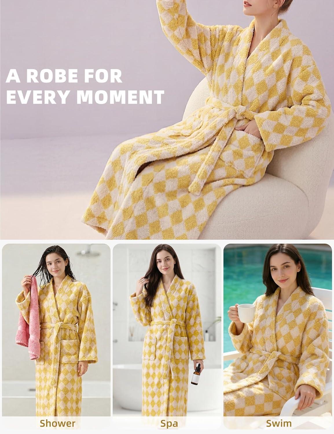 Arssm Womens Striped Fluffy Robe Long Plush Bathrobes Fuzzy Warm Cozy Thick Loungewear Maxi Robe(Yellow)