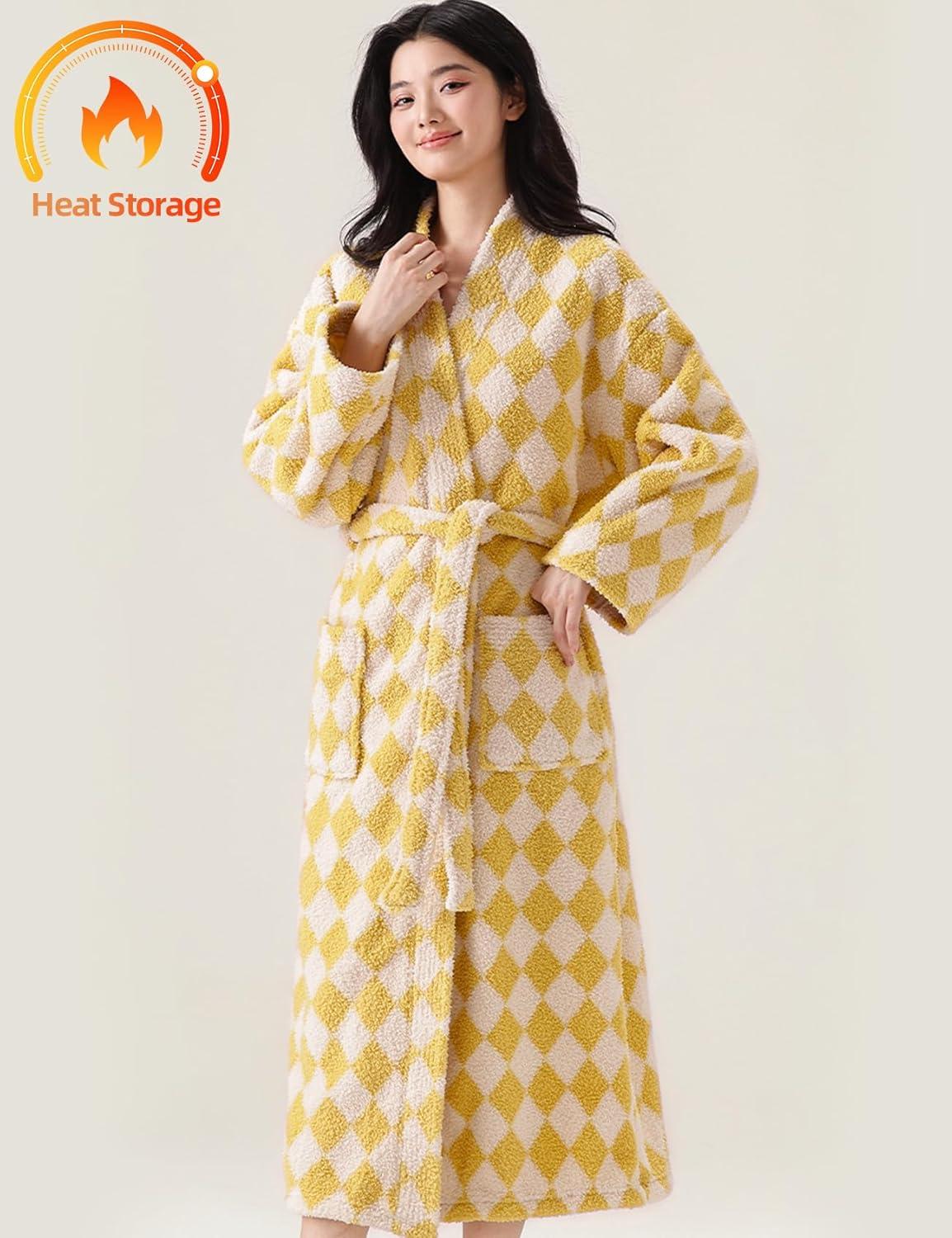 Arssm Womens Striped Fluffy Robe Long Plush Bathrobes Fuzzy Warm Cozy Thick Loungewear Maxi Robe(Yellow)