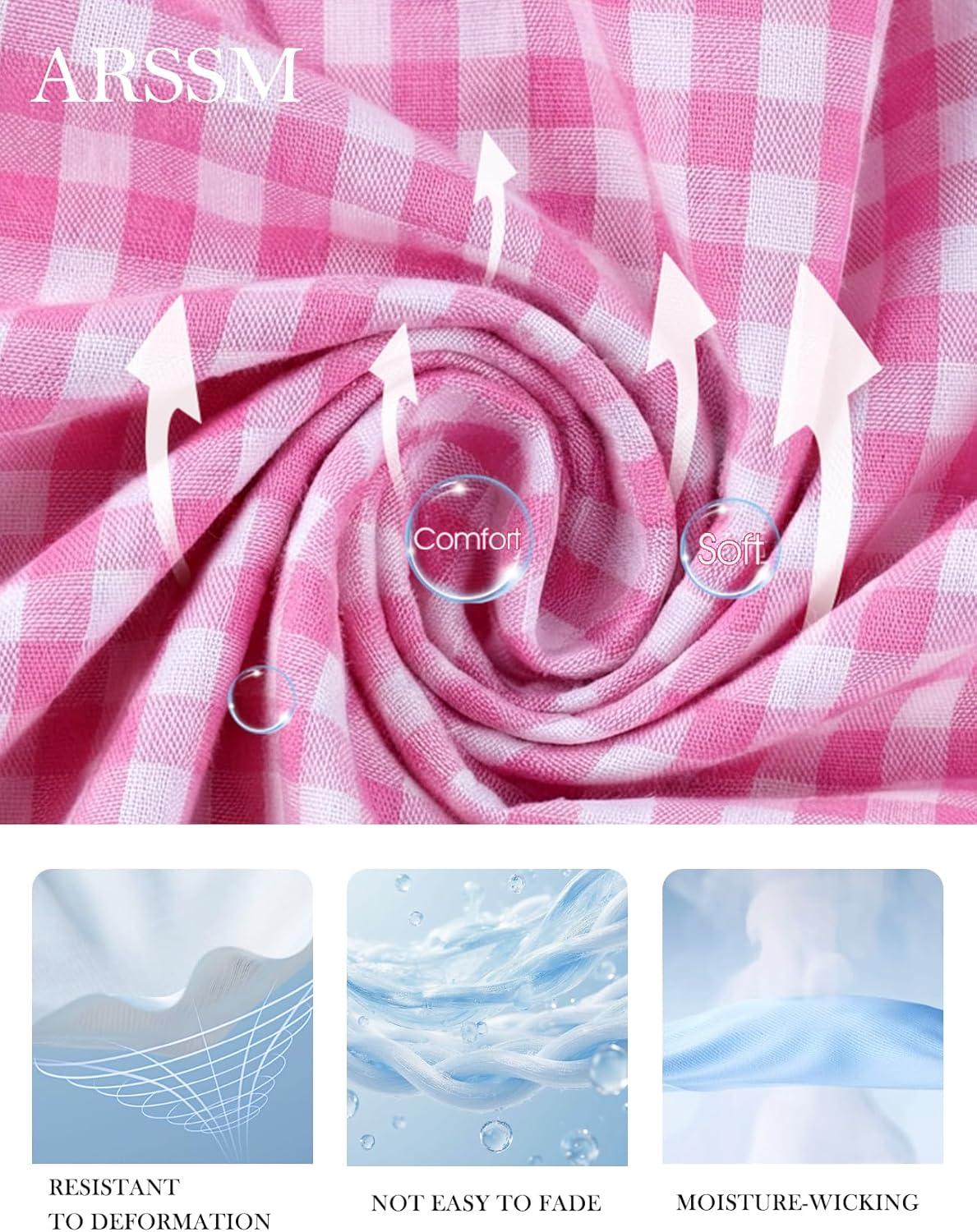 Arssm Womens Gingham Pajama Set 2 Piece Plaid Button Down Long Sleeve Shirt and Pants Pjs Lounge Set Outfits(Pink)