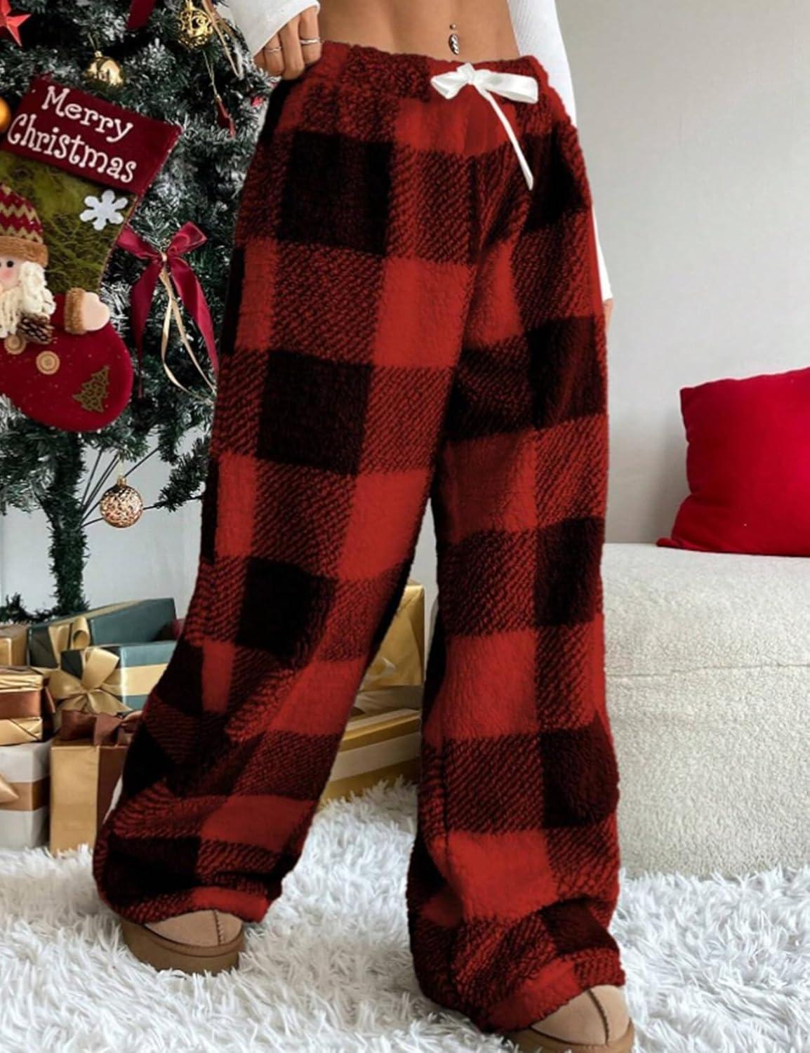 Arssm Women’s Fuzzy Pajama Pants Plush Elastic Waist Wide Leg Leopard Pants Pajama Bottoms Fluffy Pants(Red Plaid)