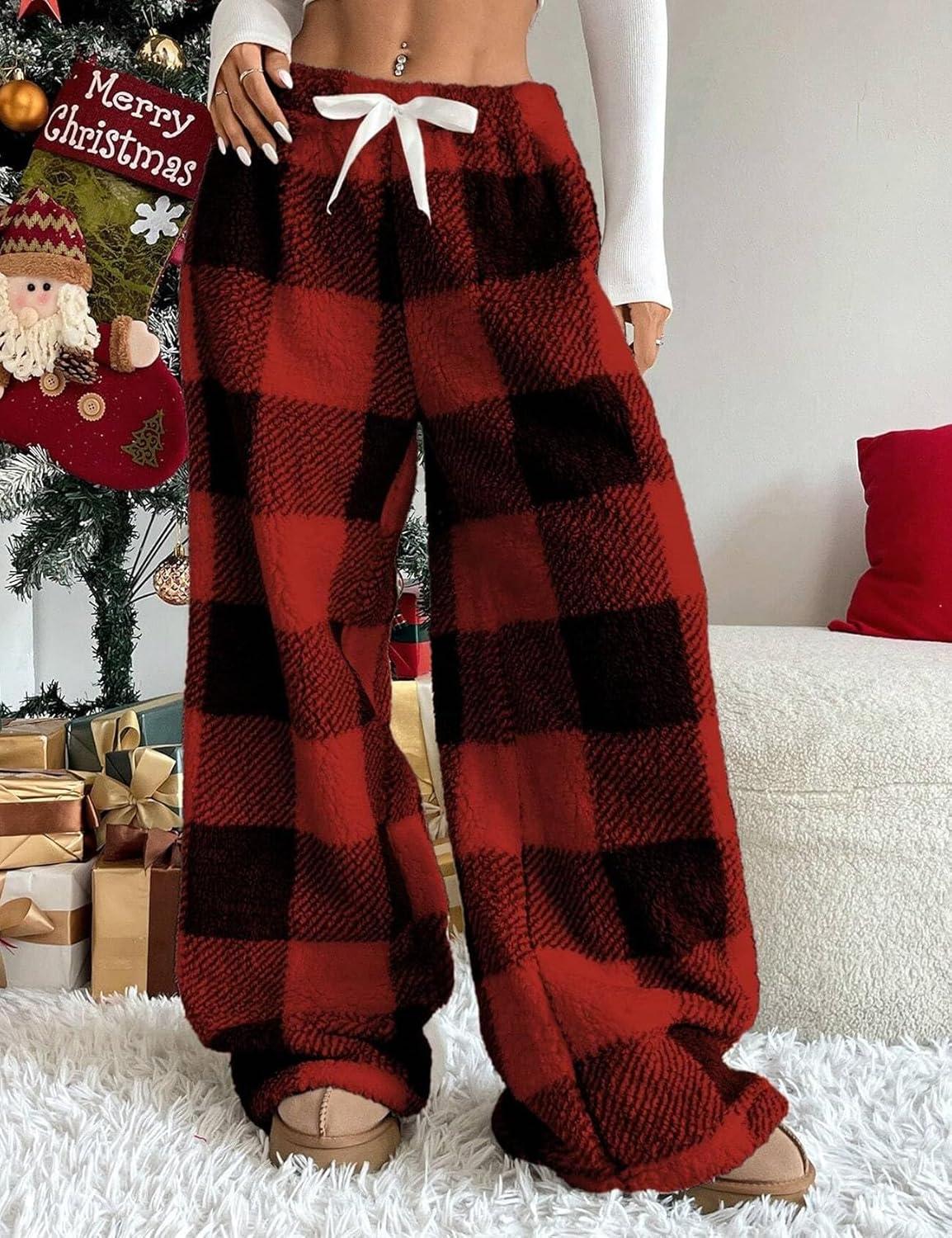 Arssm Women’s Fuzzy Pajama Pants Plush Elastic Waist Wide Leg Leopard Pants Pajama Bottoms Fluffy Pants(Red Plaid)