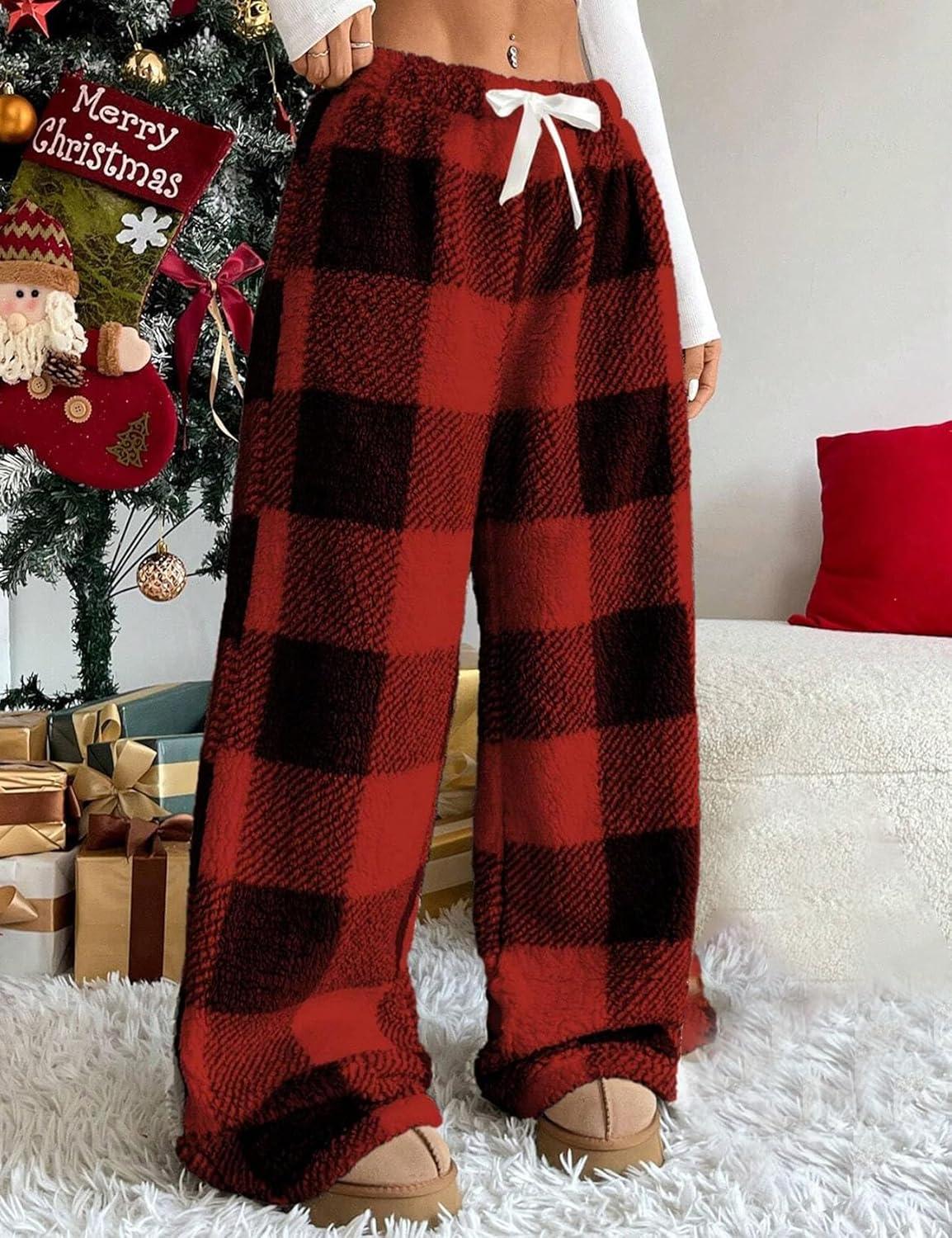 Arssm Women’s Fuzzy Pajama Pants Plush Elastic Waist Wide Leg Leopard Pants Pajama Bottoms Fluffy Pants(Red Plaid)