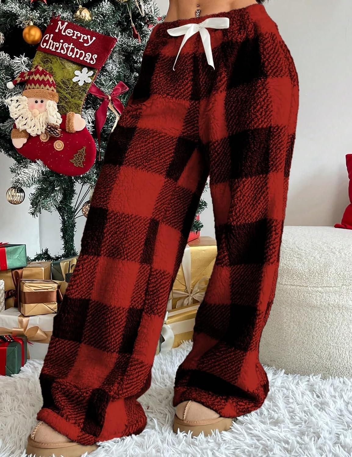 Arssm Women’s Fuzzy Pajama Pants Plush Elastic Waist Wide Leg Leopard Pants Pajama Bottoms Fluffy Pants(Red Plaid)