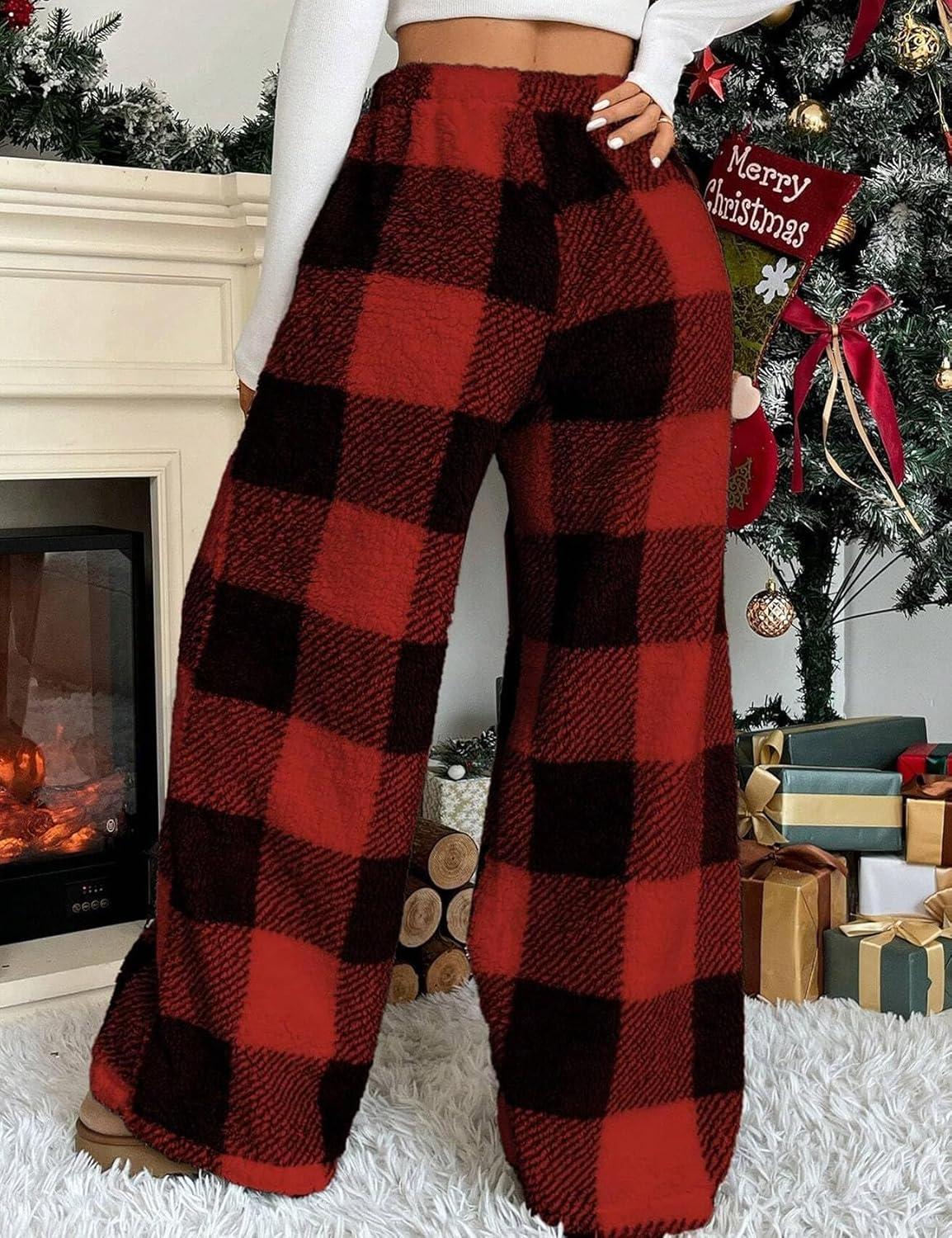 Arssm Women’s Fuzzy Pajama Pants Plush Elastic Waist Wide Leg Leopard Pants Pajama Bottoms Fluffy Pants(Red Plaid)