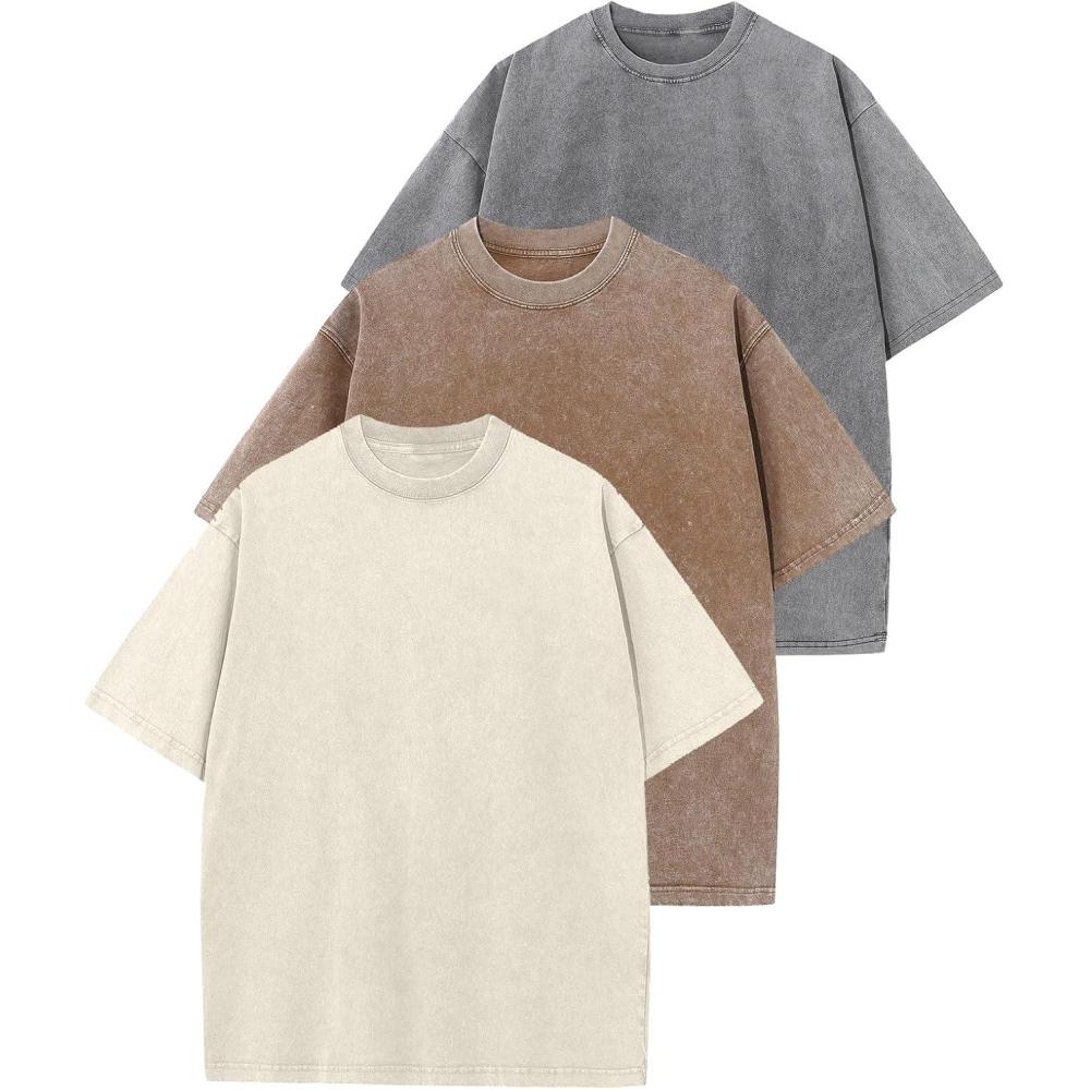 Arssm 3 Pack Men Oversized T Shirts Vintage Tee Loose Fit Short Sleeve Casual Streetwear Baggy Washed Unisex Tops(Grey+khaki+beige)