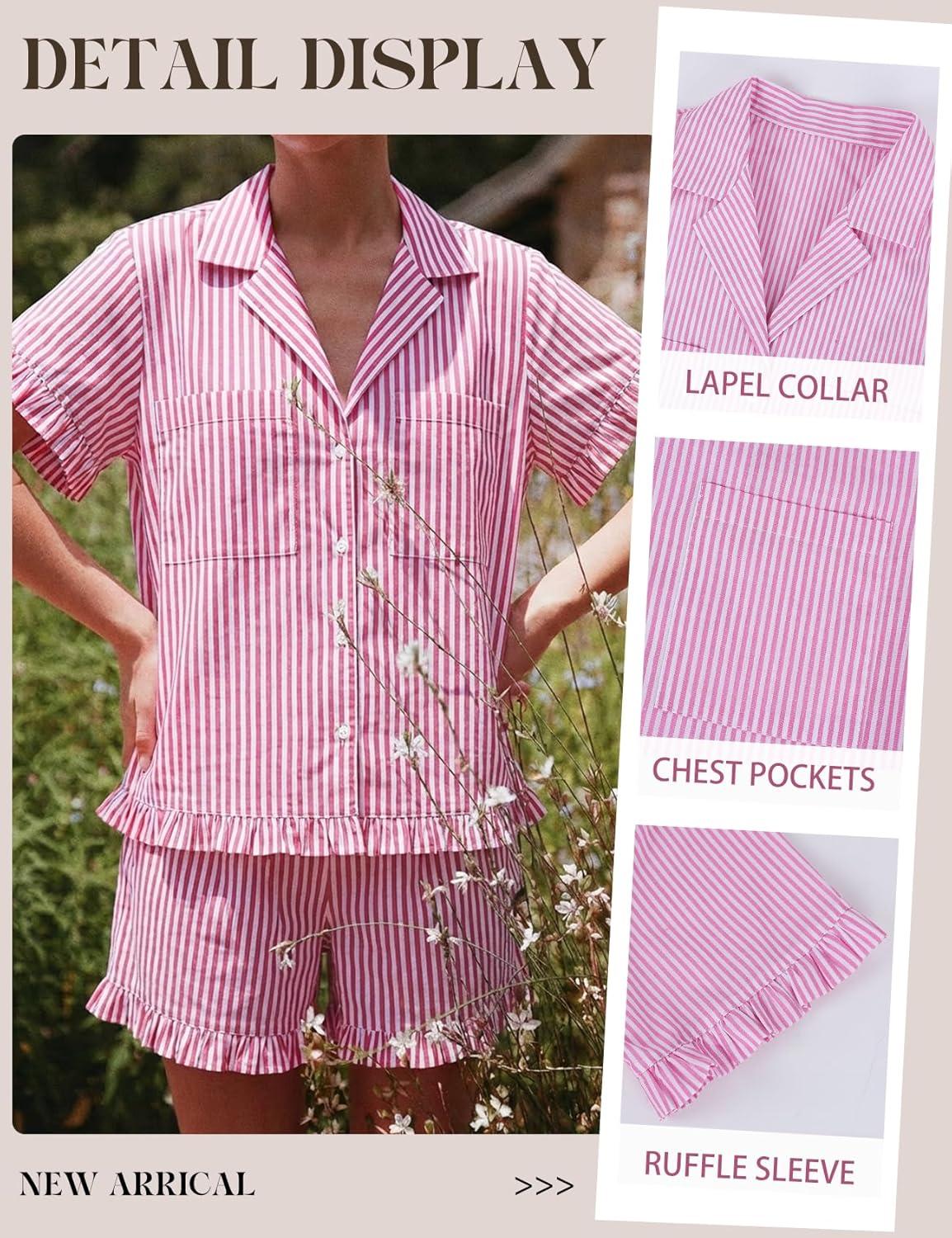 Arssm Womens Striped Pajama Sets 2 Piece Cotton Pjs Sets Short Sleeve Button Down Shirts and Shorts Sleepwear(Pink)