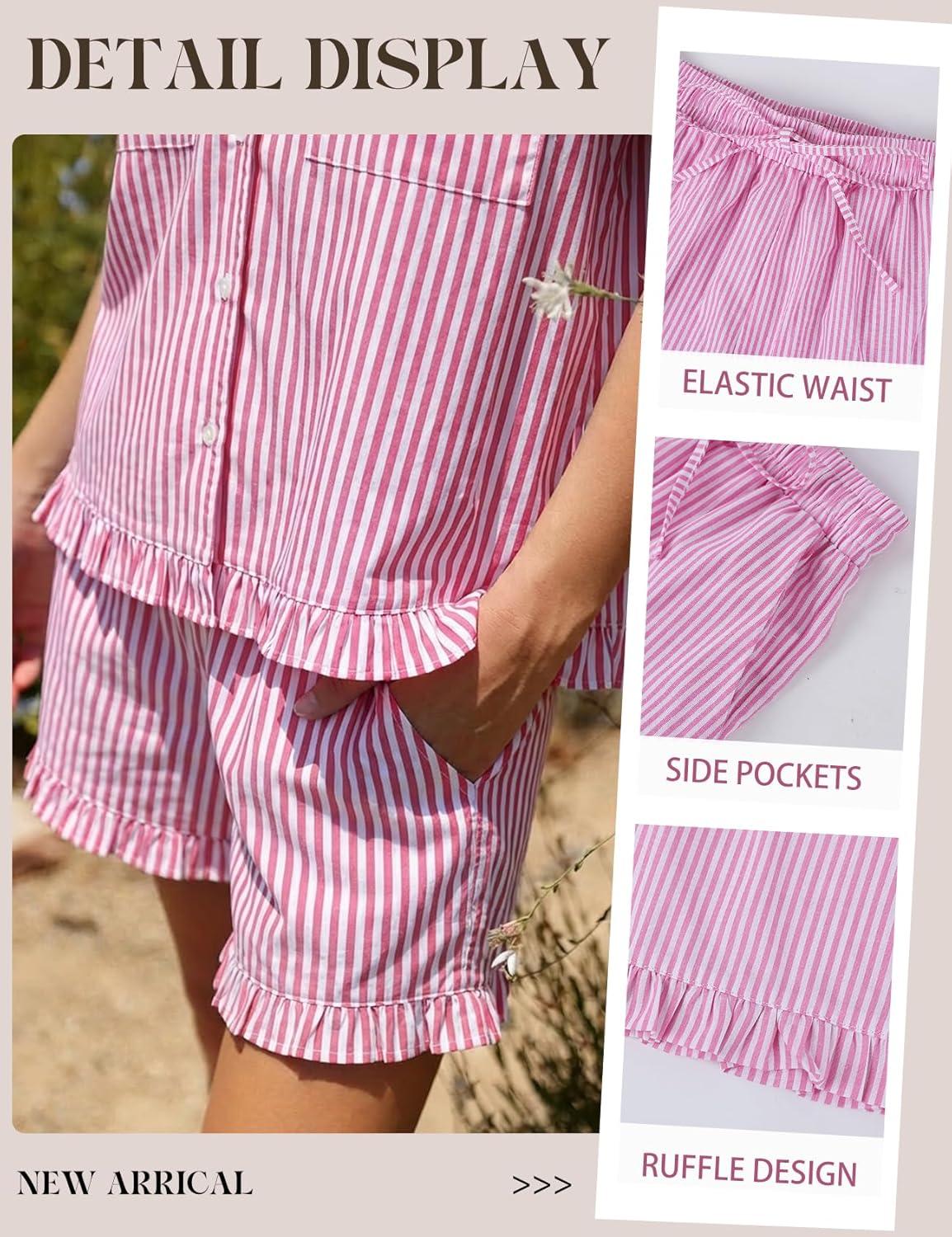 Arssm Womens Striped Pajama Sets 2 Piece Cotton Pjs Sets Short Sleeve Button Down Shirts and Shorts Sleepwear(Pink)