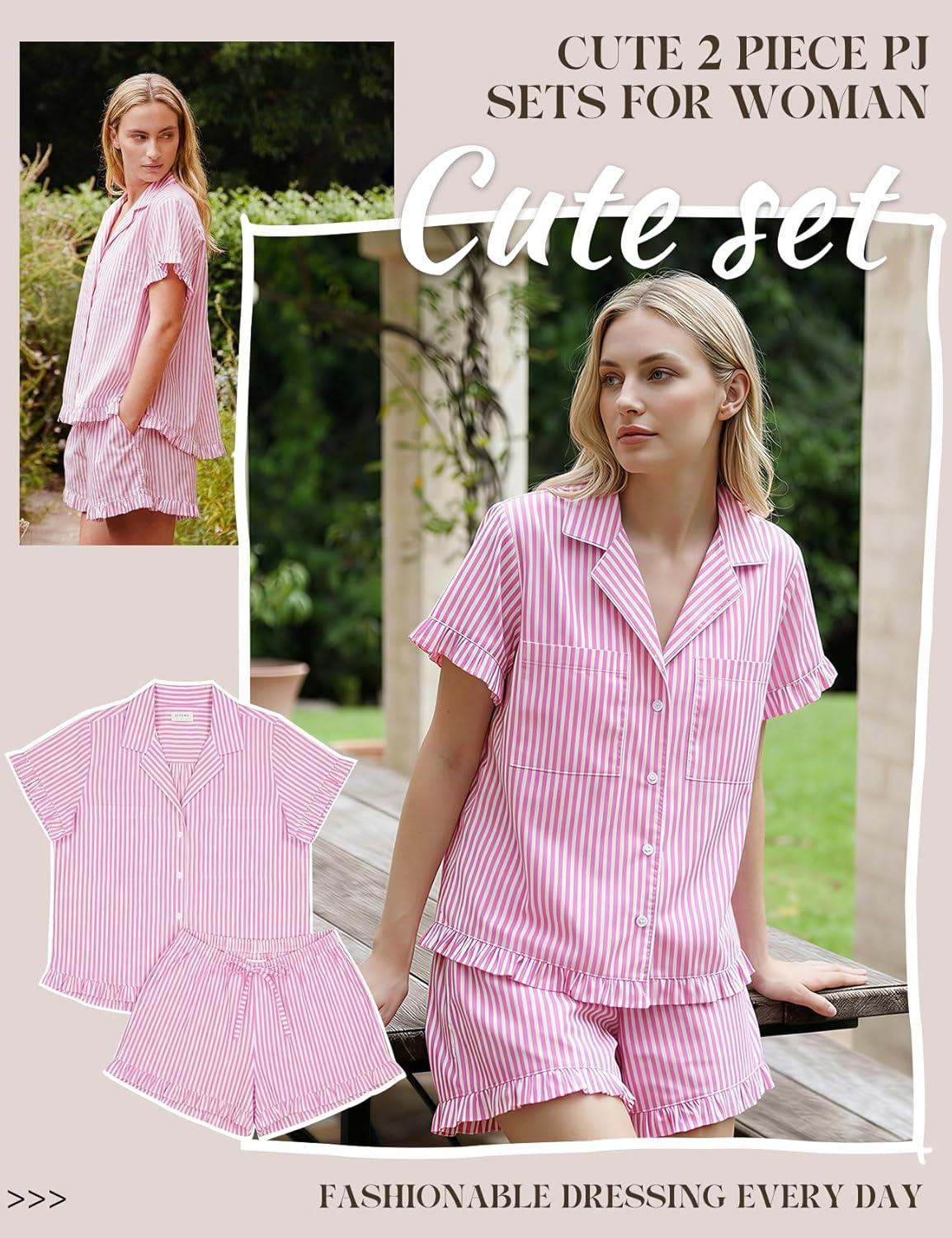 Arssm Womens Striped Pajama Sets 2 Piece Cotton Pjs Sets Short Sleeve Button Down Shirts and Shorts Sleepwear(Pink)