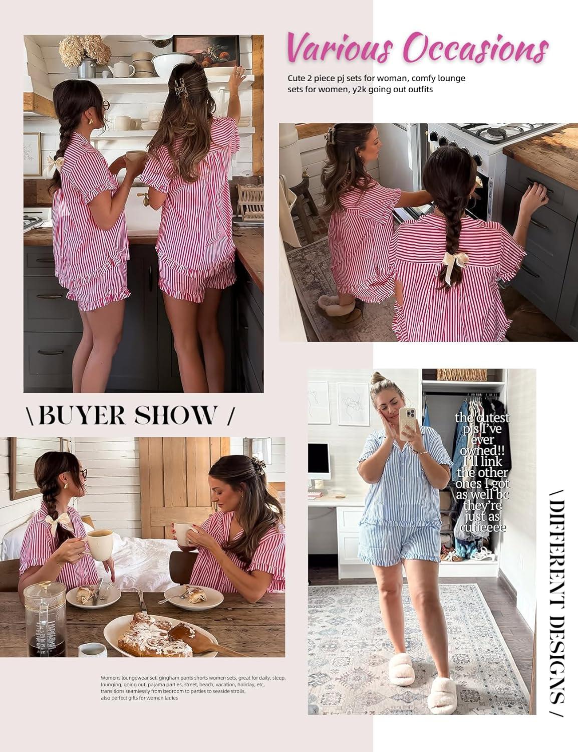 Arssm Womens Striped Pajama Sets 2 Piece Cotton Pjs Sets Short Sleeve Button Down Shirts and Shorts Sleepwear(Pink)