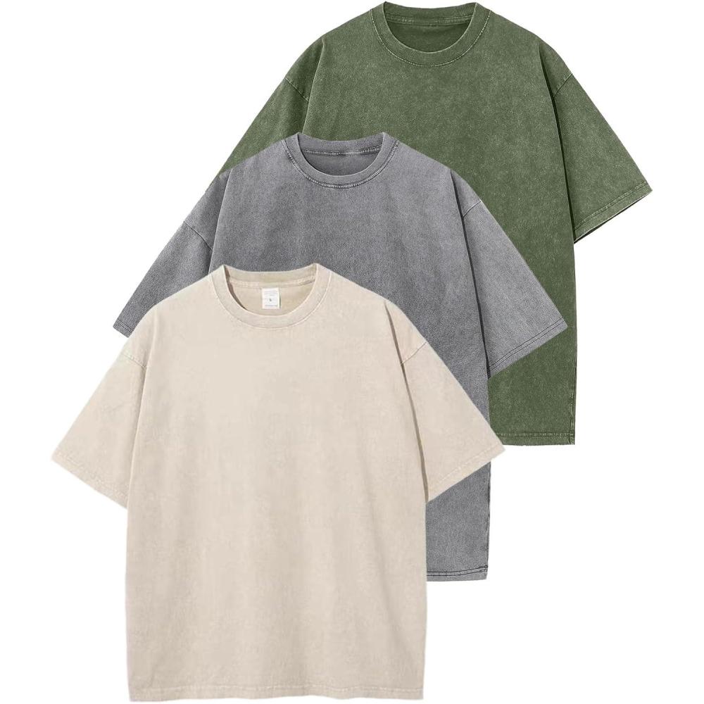 Arssm 3 Pack Men Oversized T Shirts Vintage Tee Loose Fit Short Sleeve Casual Streetwear Baggy Washed Unisex Tops(Army+grey+beige)
