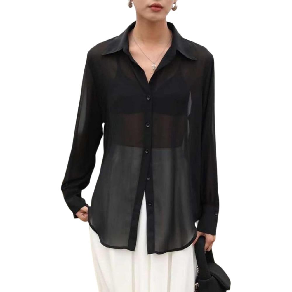 Arssm Sheer Tops for Women Sheer Button Up Blouse Long Sleeve Sexy See Through Tops Mesh Shirts(Black)