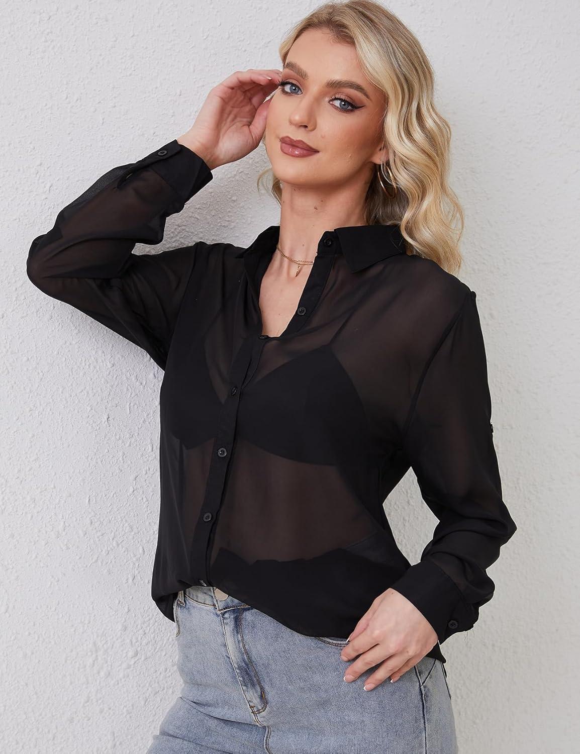 Arssm Sheer Tops for Women Sheer Button Up Blouse Long Sleeve Sexy See Through Tops Mesh Shirts(Black)
