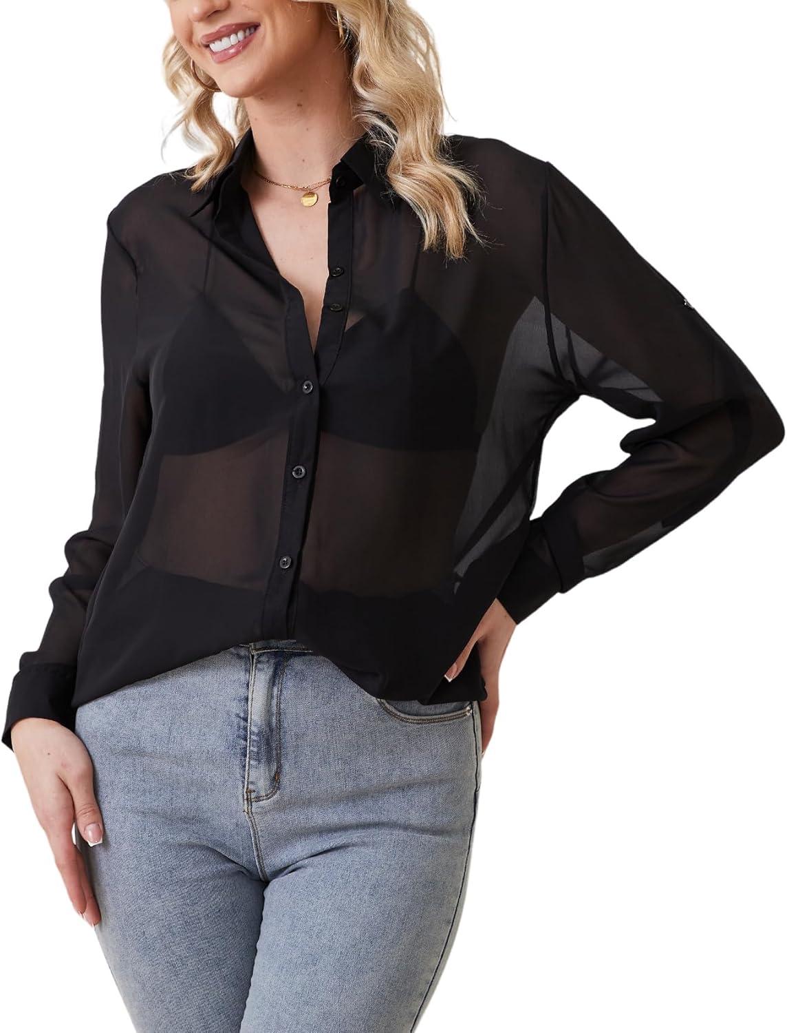Arssm Sheer Tops for Women Sheer Button Up Blouse Long Sleeve Sexy See Through Tops Mesh Shirts(Black)