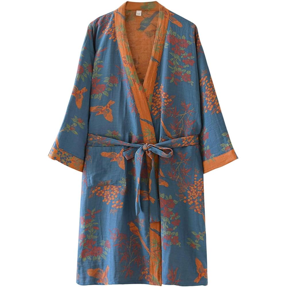 Arssm Women Cotton Gauze Robes Jacquard Japanese Yukata Muslin Kimono Robe Bathrobe Loungewear Sleepwear(Blue)