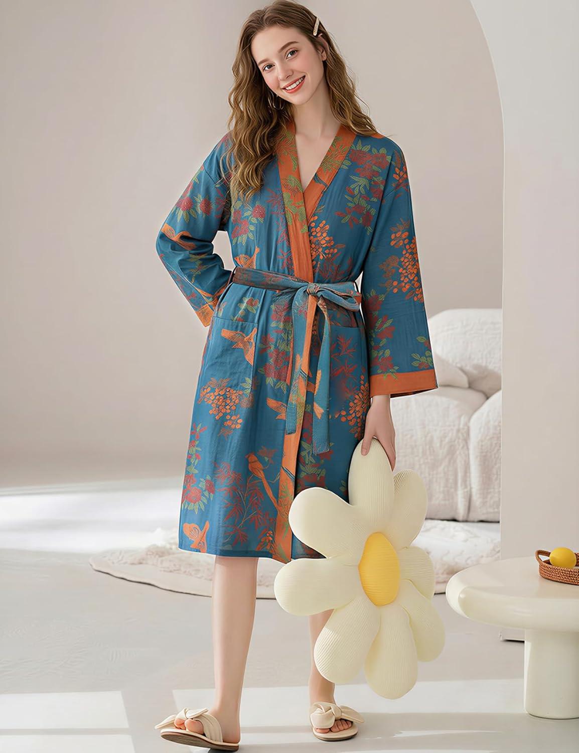 Arssm Women Cotton Gauze Robes Jacquard Japanese Yukata Muslin Kimono Robe Bathrobe Loungewear Sleepwear(Blue)