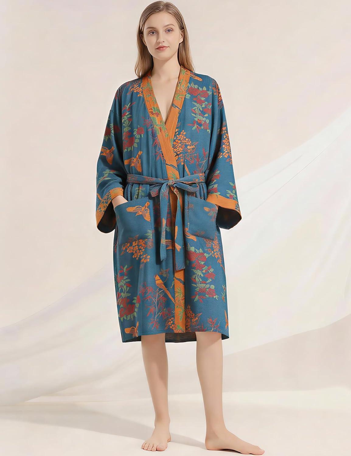 Arssm Women Cotton Gauze Robes Jacquard Japanese Yukata Muslin Kimono Robe Bathrobe Loungewear Sleepwear(Blue)