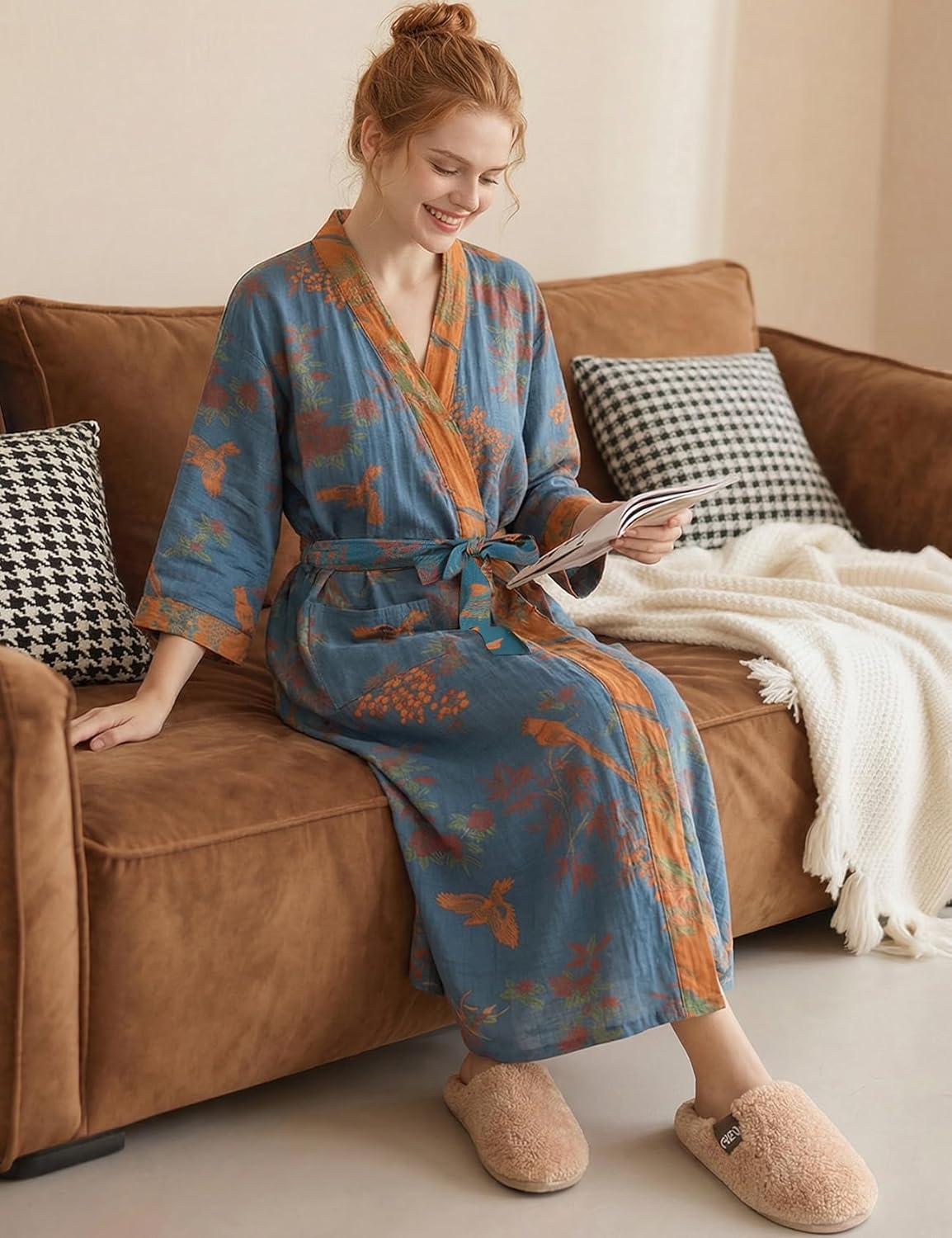 Arssm Women Cotton Gauze Robes Jacquard Japanese Yukata Muslin Kimono Robe Bathrobe Loungewear Sleepwear(Blue)