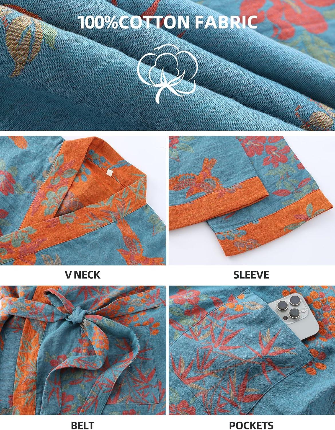 Arssm Women Cotton Gauze Robes Jacquard Japanese Yukata Muslin Kimono Robe Bathrobe Loungewear Sleepwear(Blue)