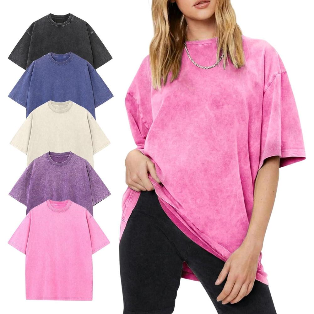 Arssm Women’s Oversized T-Shirts Cotton Acid Wash Boyfriend Tee Shirt Loose Fit Vintage T-Shirts(Black+pink+purple+blue+beige)