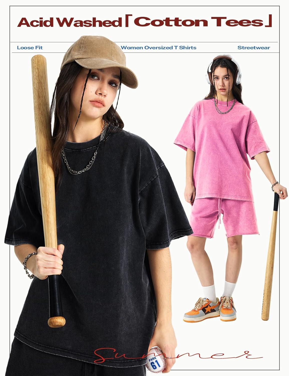Arssm Women’s Oversized T-Shirts Cotton Acid Wash Boyfriend Tee Shirt Loose Fit Vintage T-Shirts(Black+pink+purple+blue+beige)