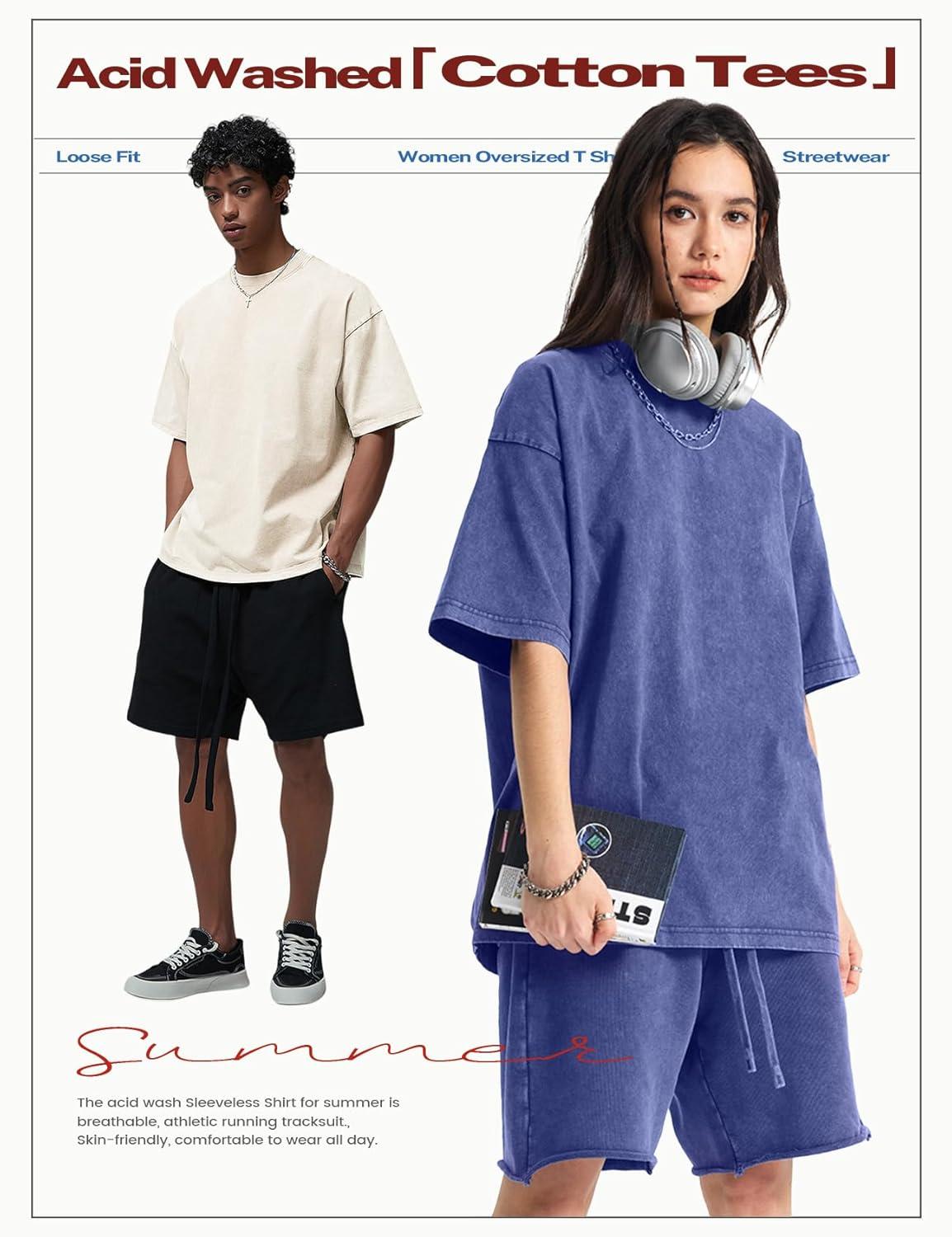 Arssm Women’s Oversized T-Shirts Cotton Acid Wash Boyfriend Tee Shirt Loose Fit Vintage T-Shirts(Black+pink+purple+blue+beige)
