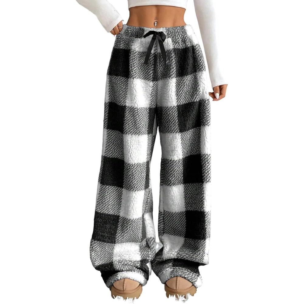 Arssm Women’s Fuzzy Pajama Pants Plush Elastic Waist Wide Leg Leopard Pants Pajama Bottoms Fluffy Pants(Plaid)